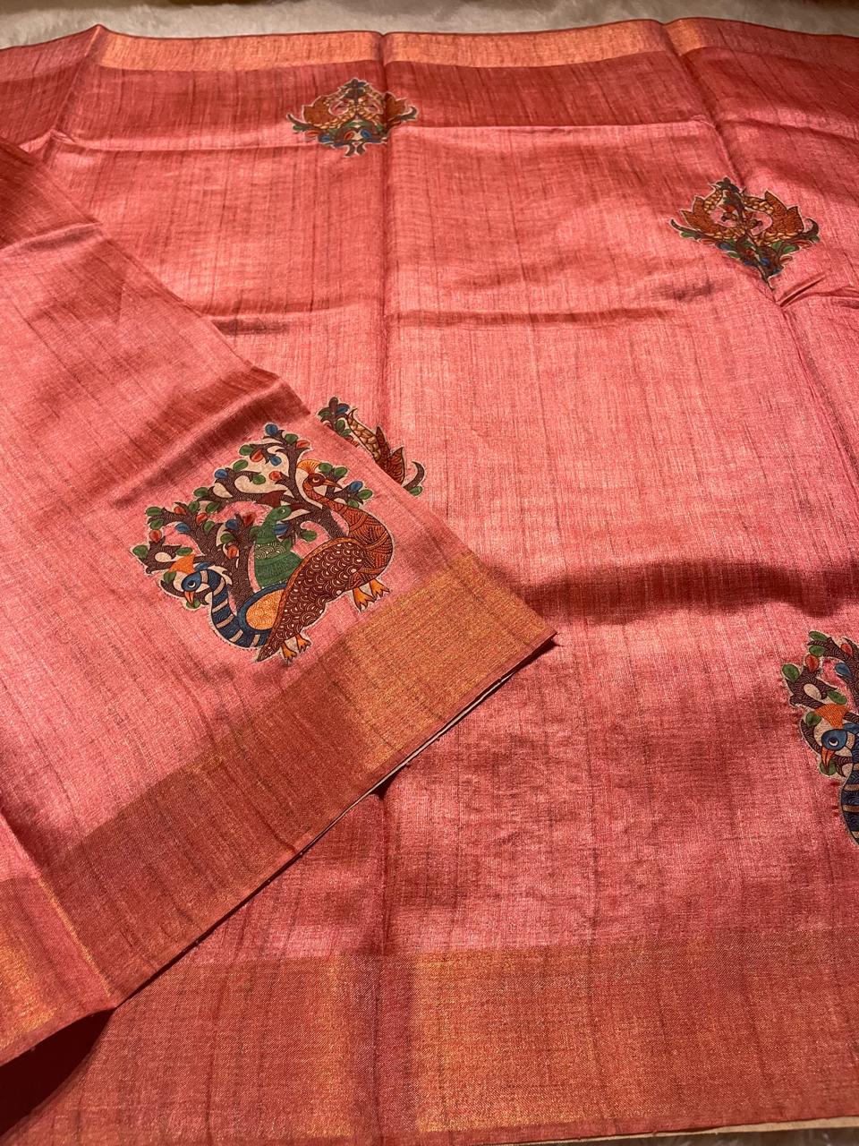 SEMI TUSSAR- APPLIQUE PEACOCK 2 SAREE