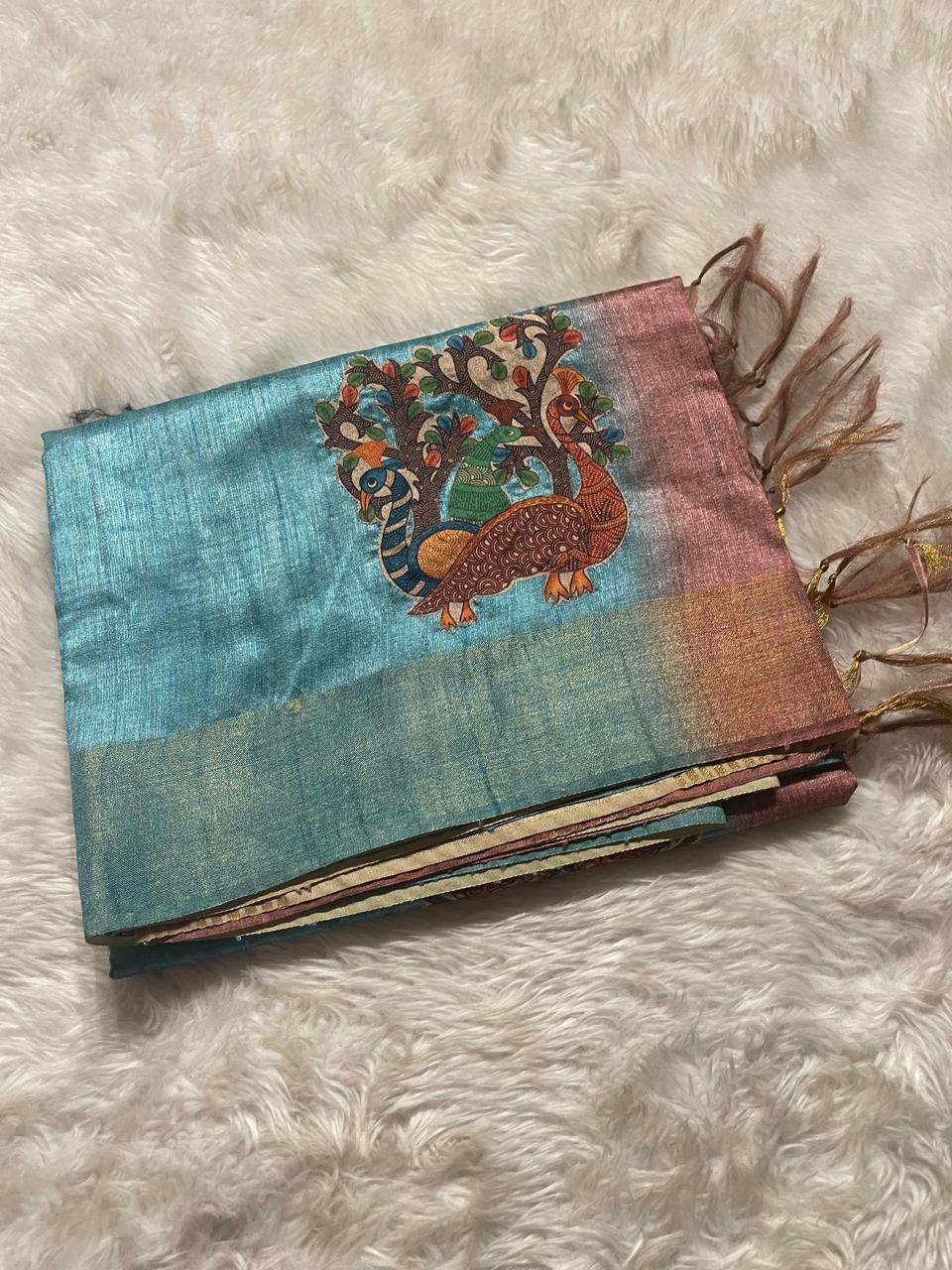 SEMI TUSSAR-APPLIQUE PEACOCK SAREE