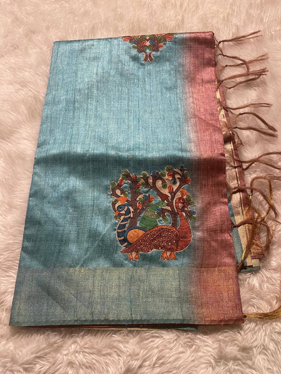 SEMI TUSSAR-APPLIQUE PEACOCK SAREE