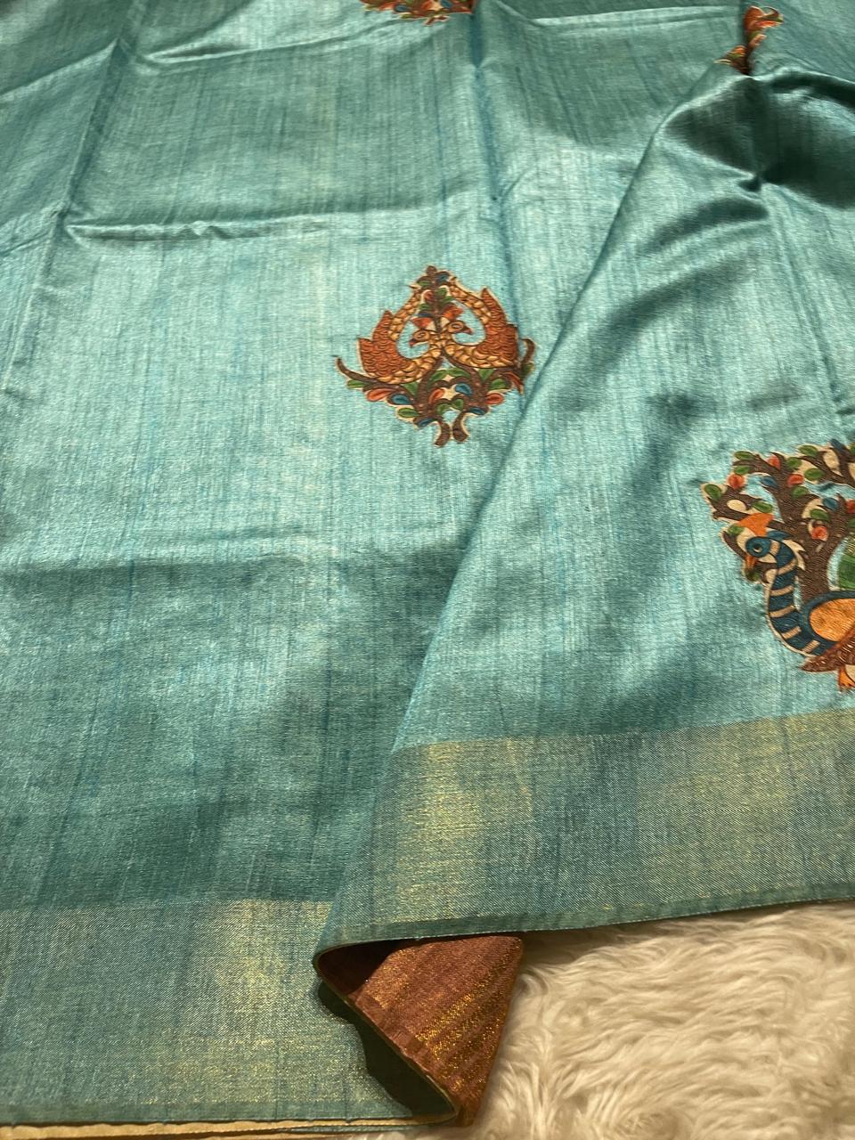 SEMI TUSSAR-APPLIQUE PEACOCK SAREE