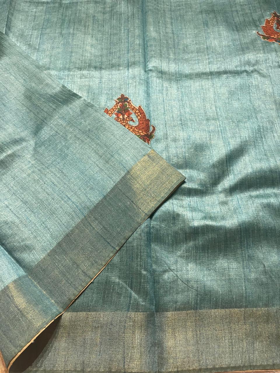 SEMI TUSSAR-APPLIQUE PEACOCK SAREE