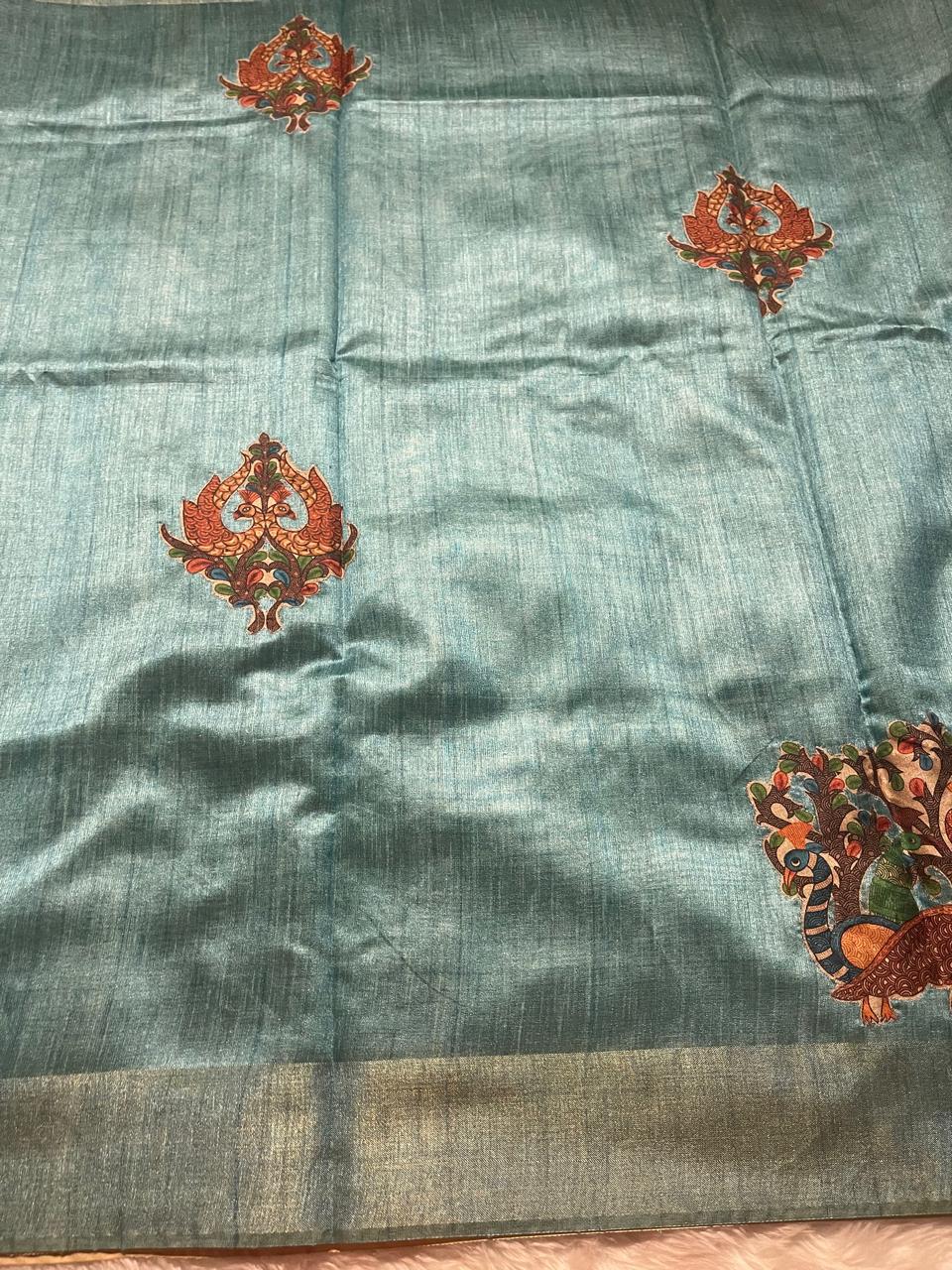 SEMI TUSSAR-APPLIQUE PEACOCK SAREE