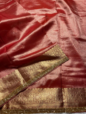 Brick Red Tissue Silk Saree With Lace - Tissue Beats