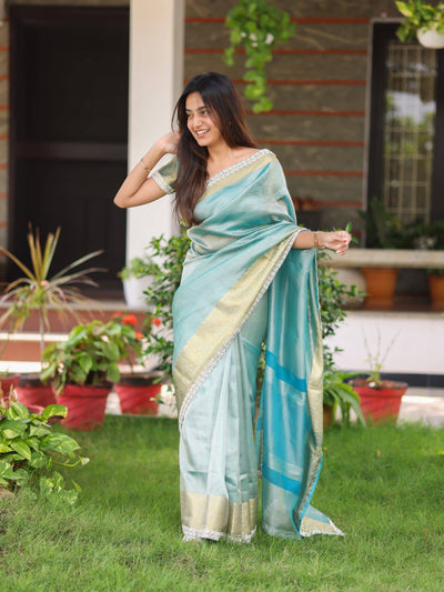 Sky Blue Tissue Silk Saree With Lace - Tissue Beats