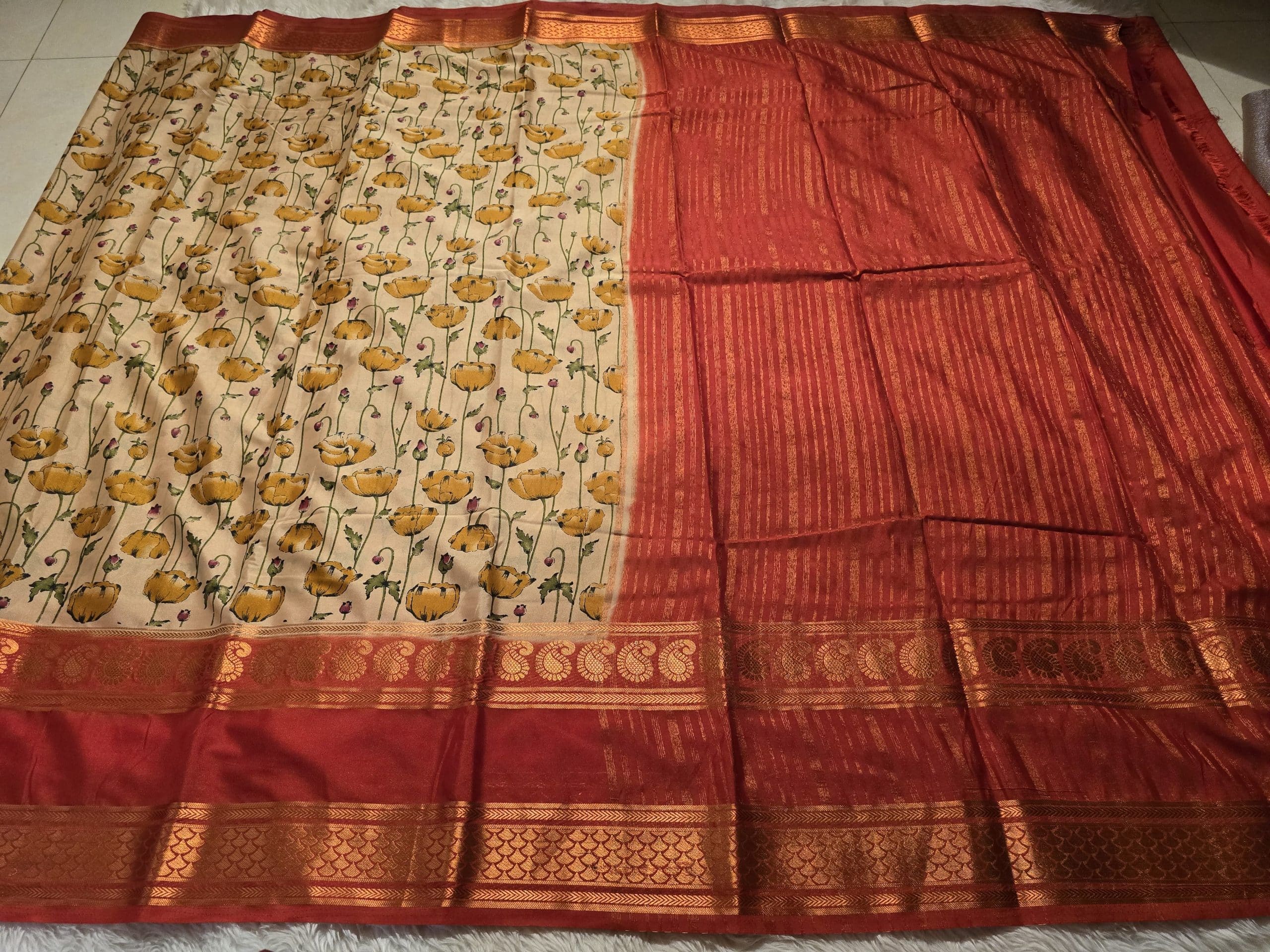 MYSORE FLORAL-BEIGE RED SAREE