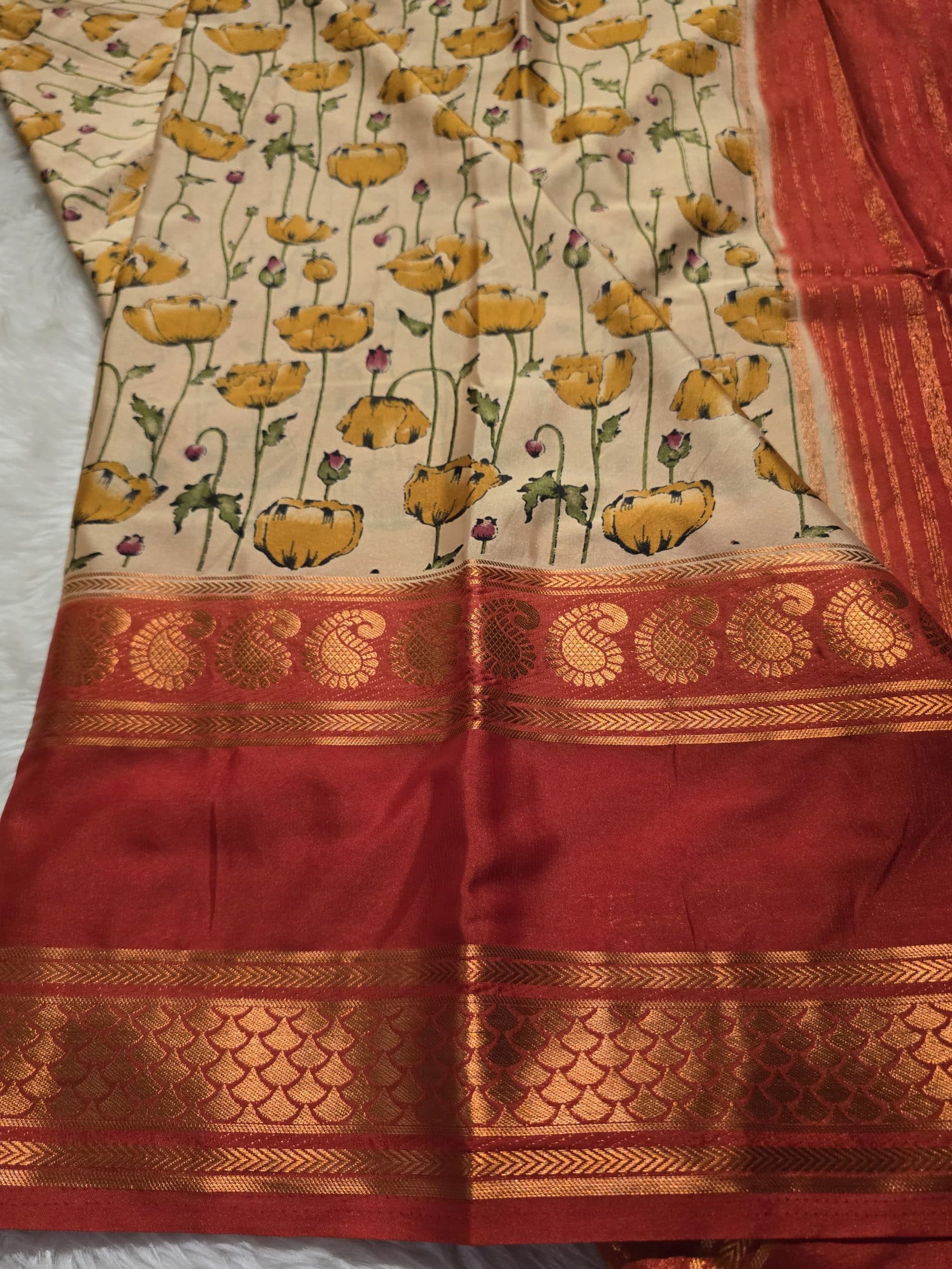 MYSORE FLORAL-BEIGE RED SAREE