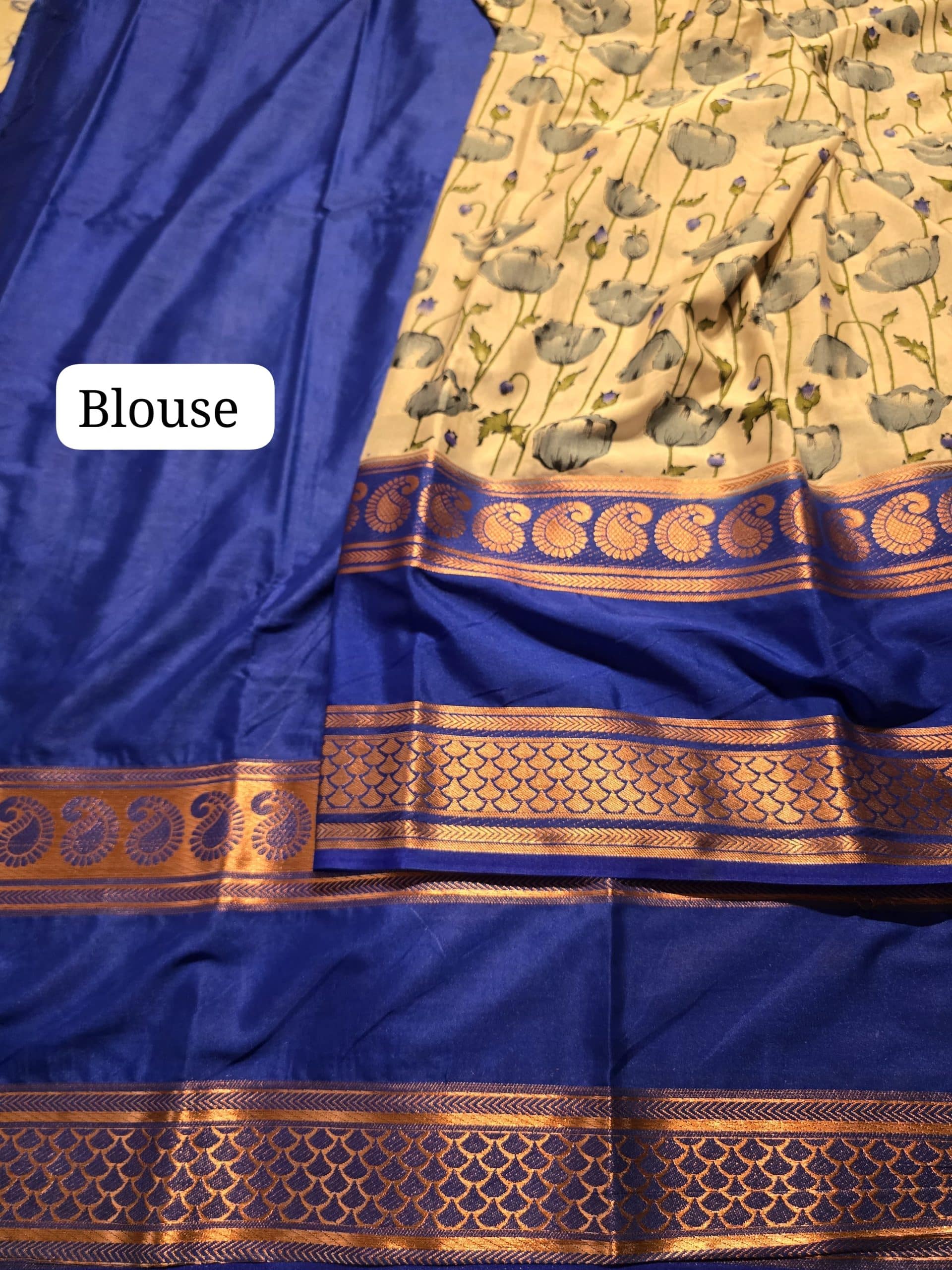 MYSORE FLORAL-DULL WHITE INK BLUE SAREE