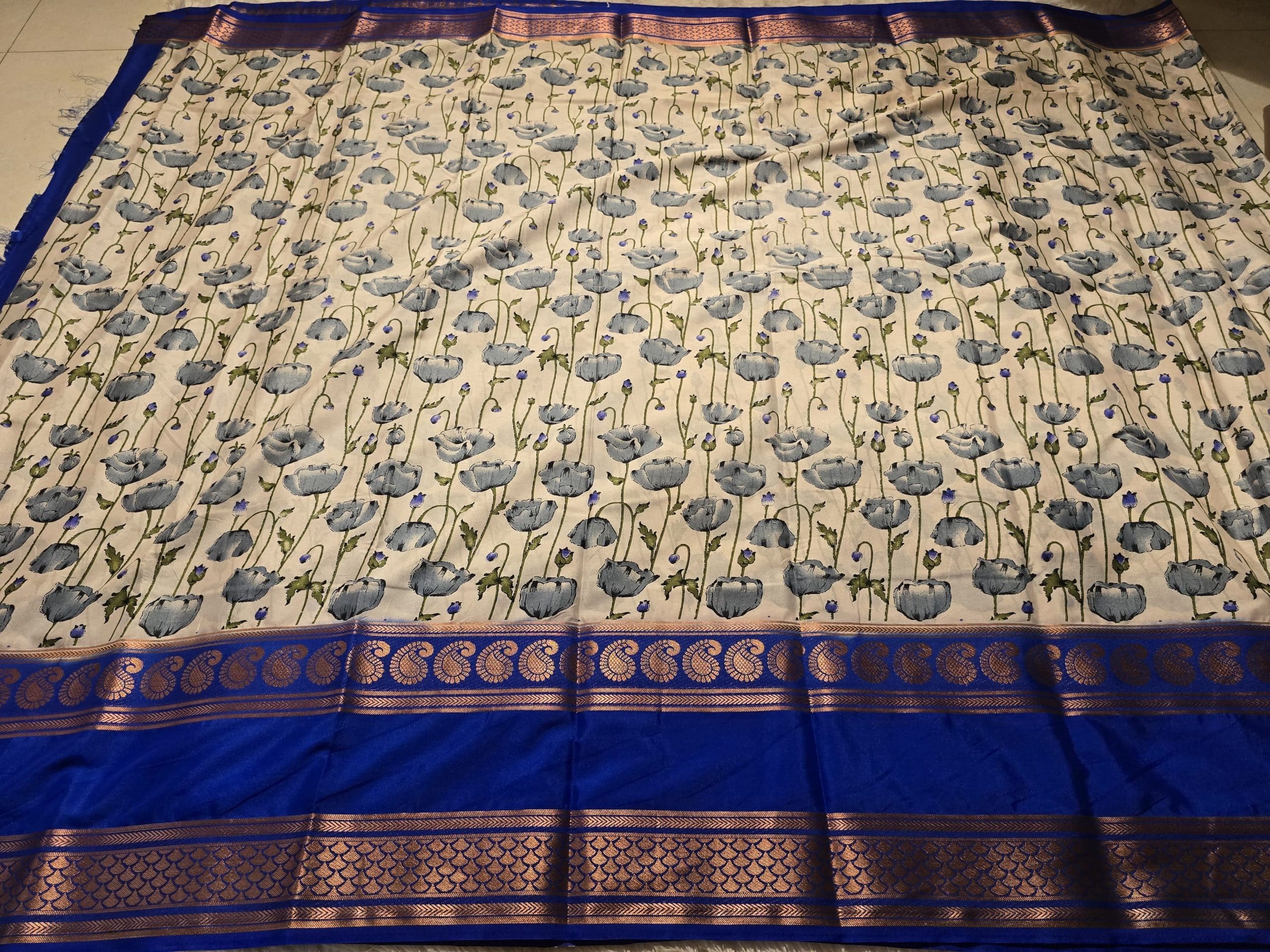 MYSORE FLORAL-DULL WHITE INK BLUE SAREE