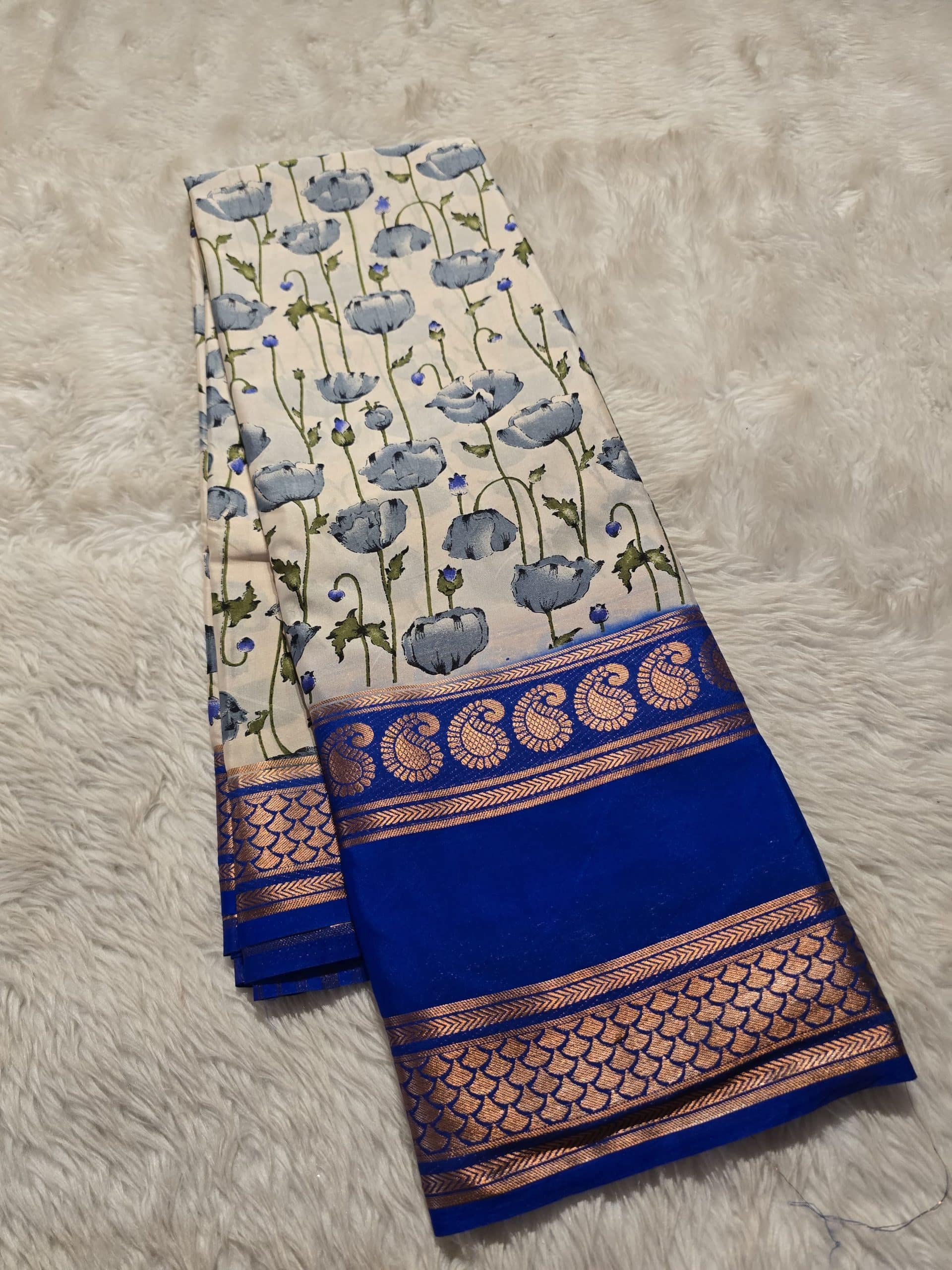 MYSORE FLORAL-DULL WHITE INK BLUE SAREE