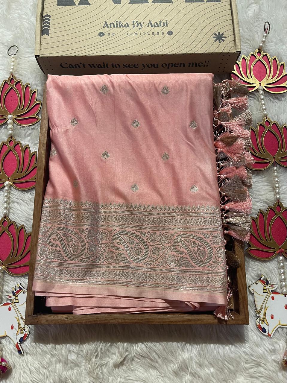 SATIN MUSHRO-PEACH BABYPINK SAREE