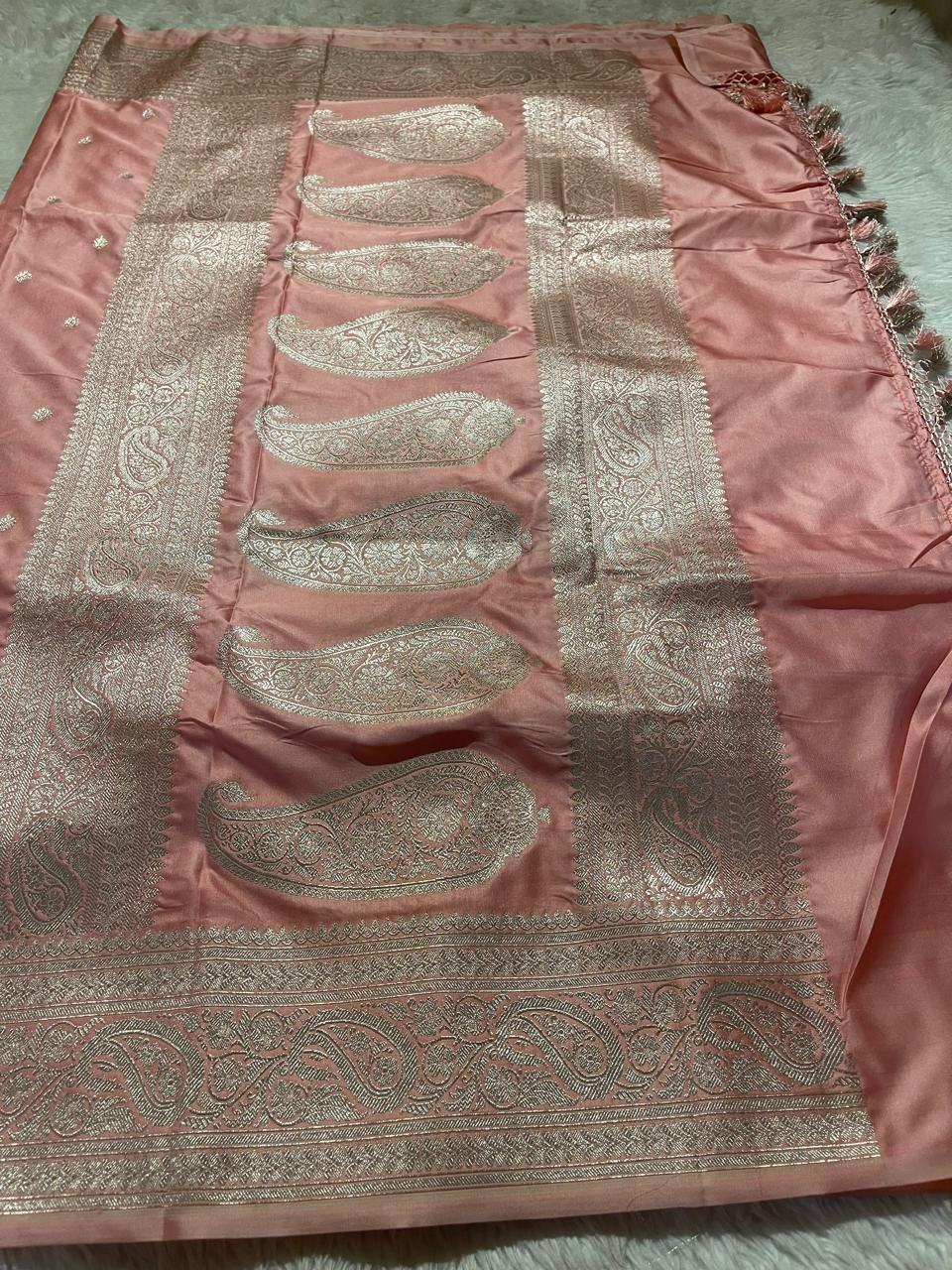 SATIN MUSHRO-PEACH BABYPINK SAREE
