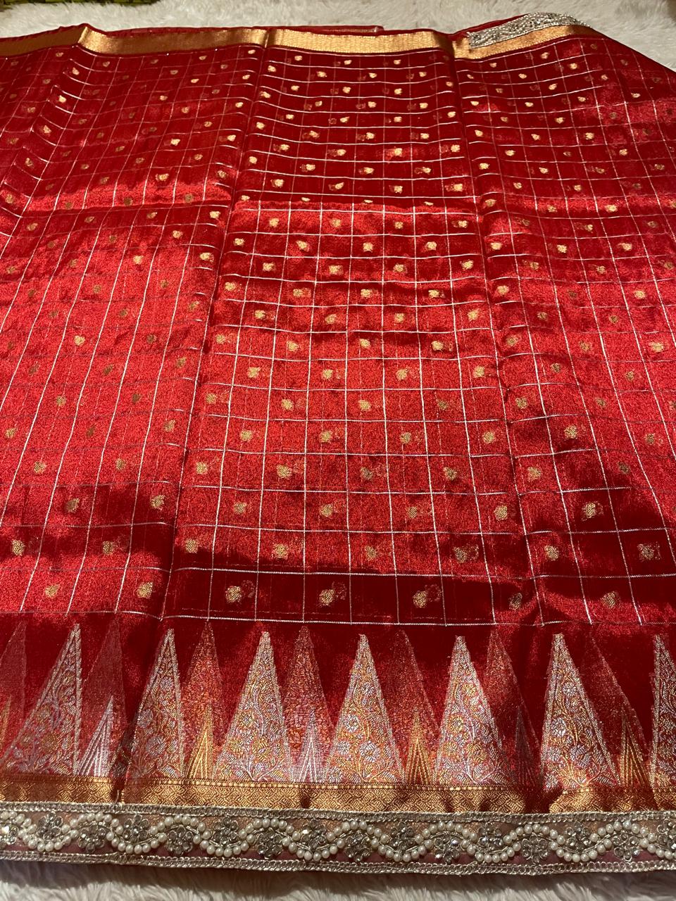 RADHI CHECKS LACE-RED SAREE