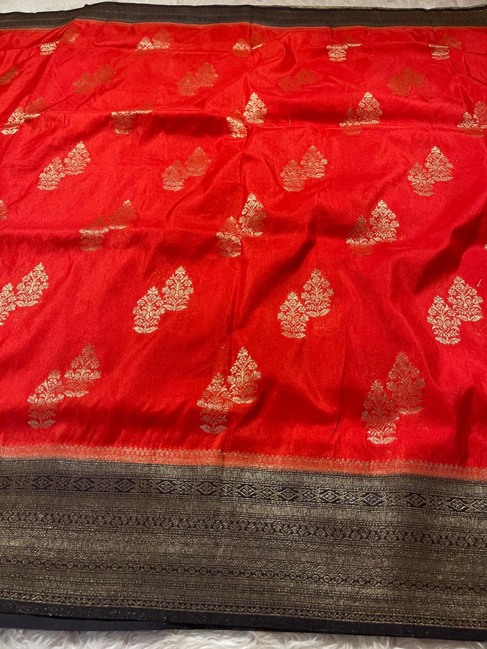 SEMI DUPION SILK SAREES- RED WITH BLACK