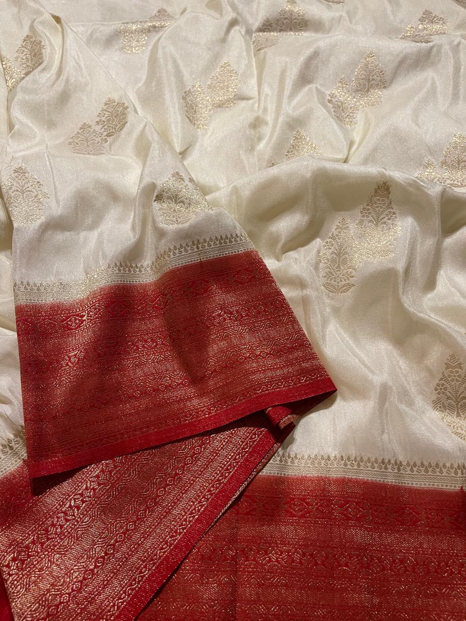 SEMI DUPION SILK SAREES-HALFWHITE WITH RED