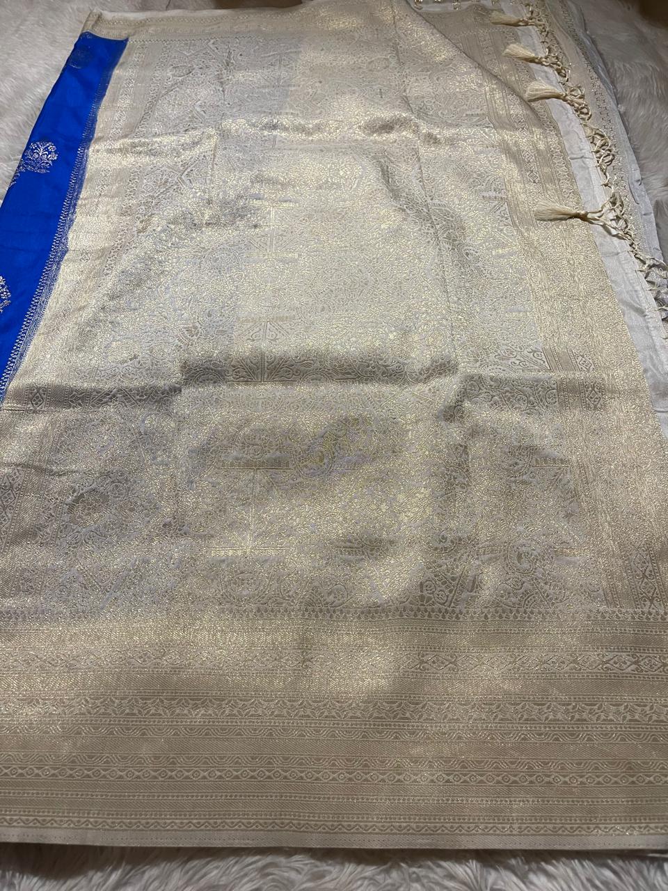 SEMI DUPION SILK SAREES- ROYALBLUE WITH HALFWHITE