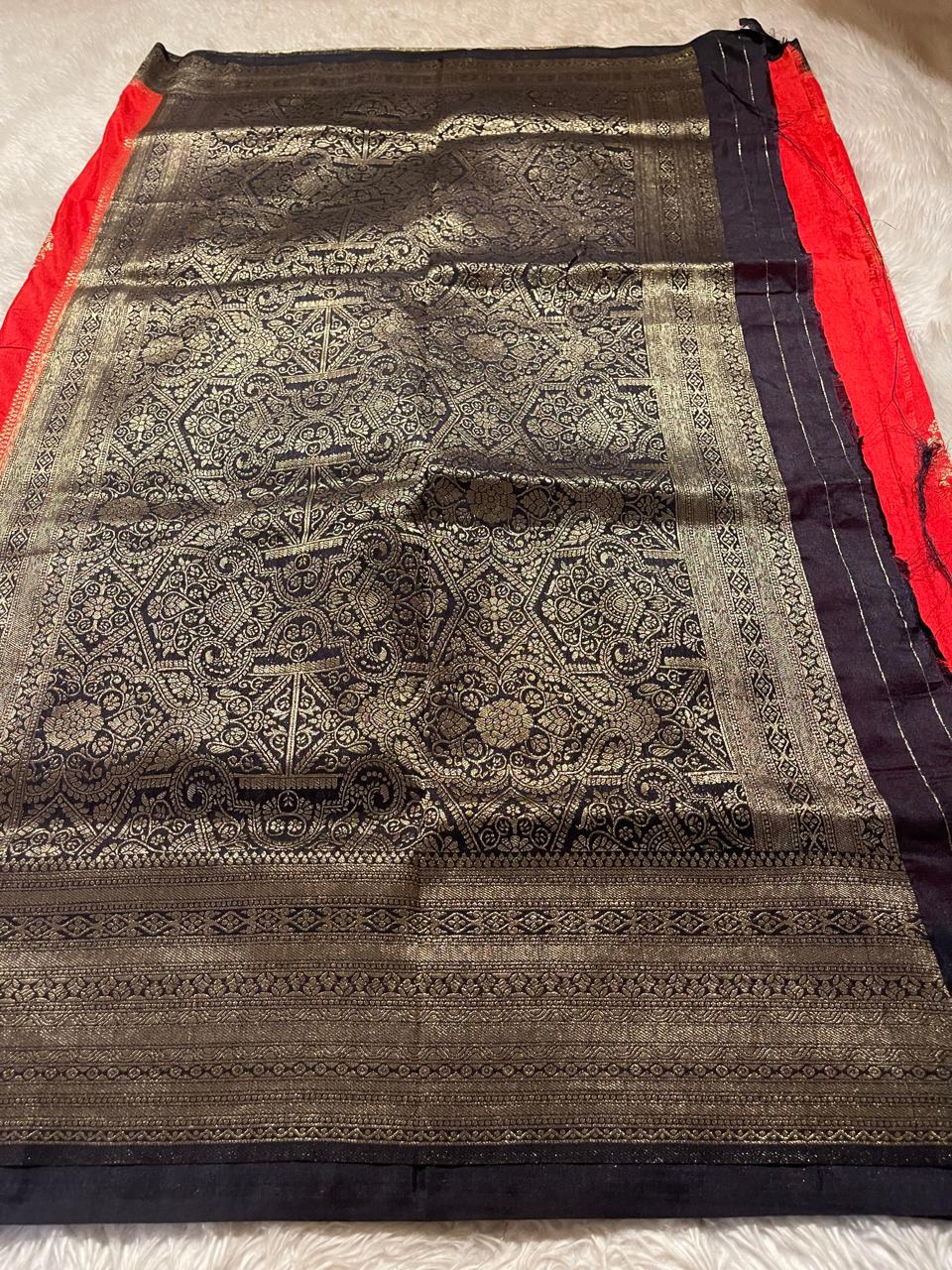 SEMI DUPION SILK SAREES- RED WITH BLACK