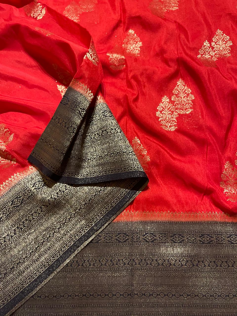 SEMI DUPION SILK SAREES- RED WITH BLACK