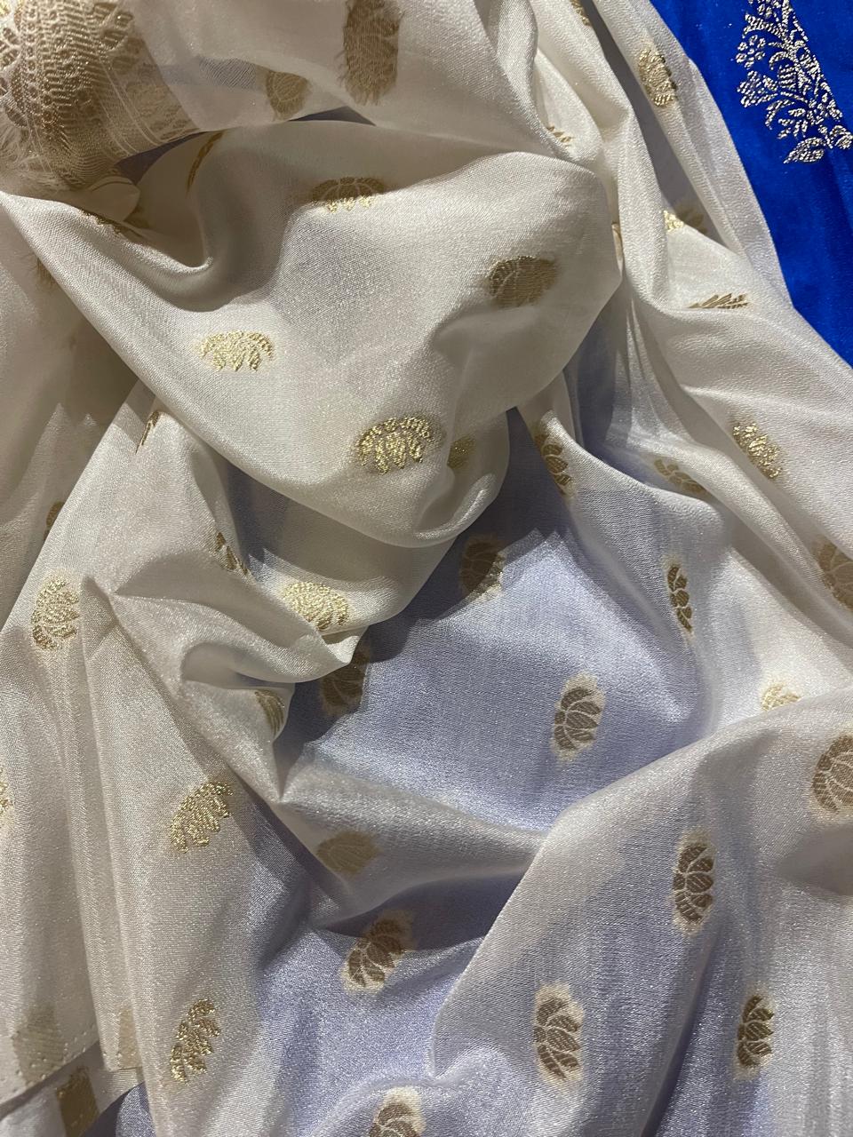 SEMI DUPION SILK SAREES- ROYALBLUE WITH HALFWHITE
