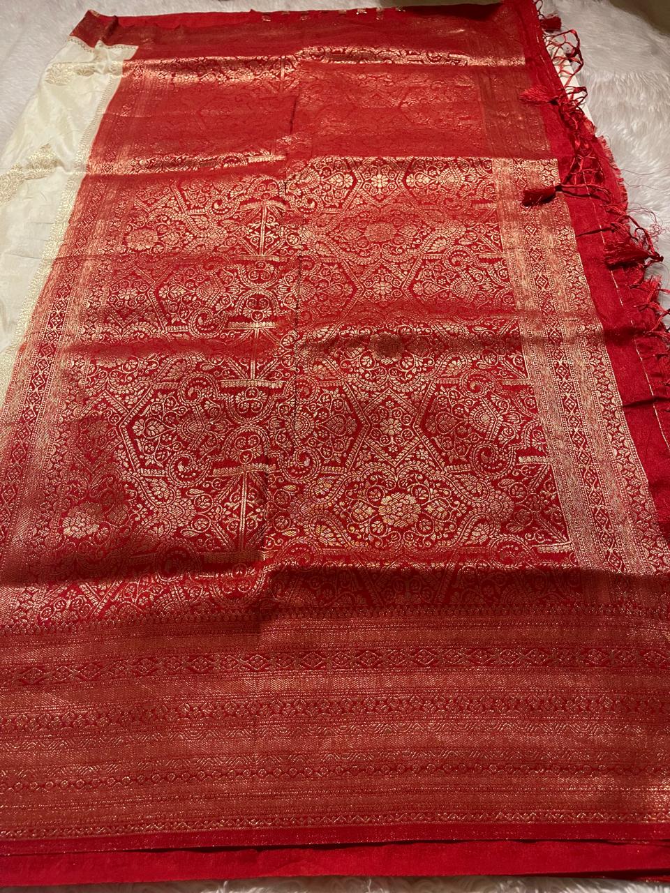 SEMI DUPION SILK SAREES-HALFWHITE WITH RED