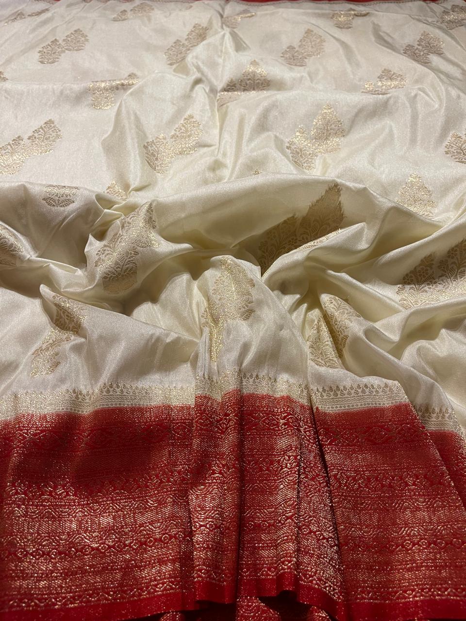 SEMI DUPION SILK SAREES-HALFWHITE WITH RED