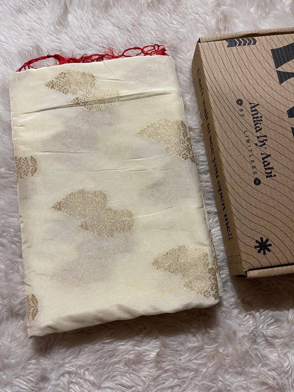 SEMI DUPION SILK SAREES-HALFWHITE WITH RED