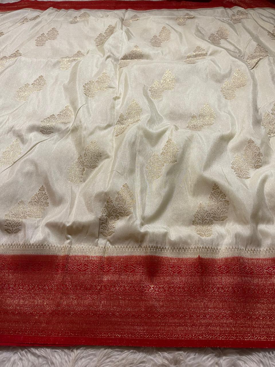 SEMI DUPION SILK SAREES-HALFWHITE WITH RED