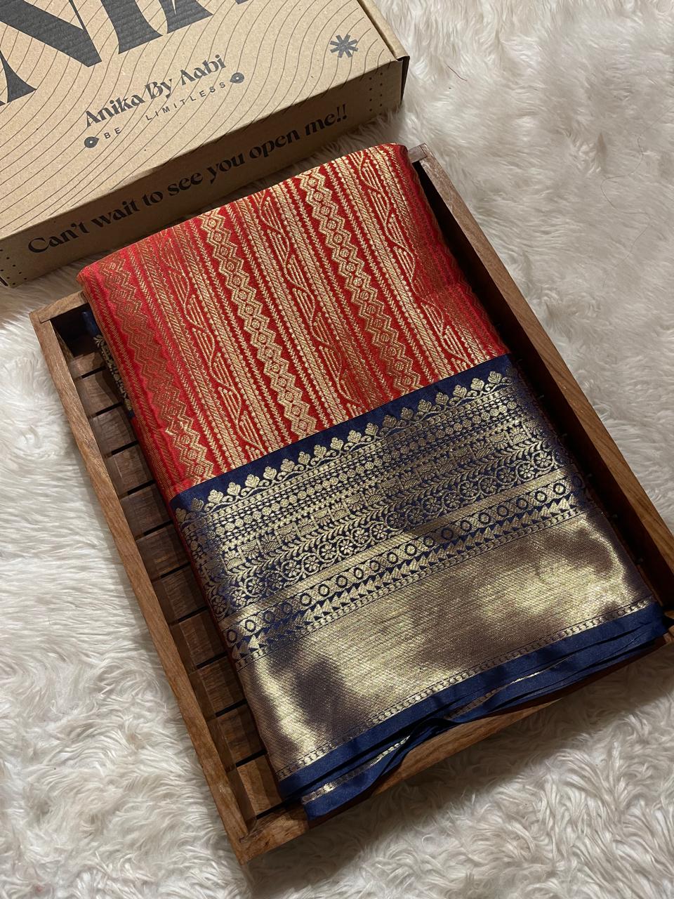 KORA SILK - RED WITH NAVY BLUE SAREE