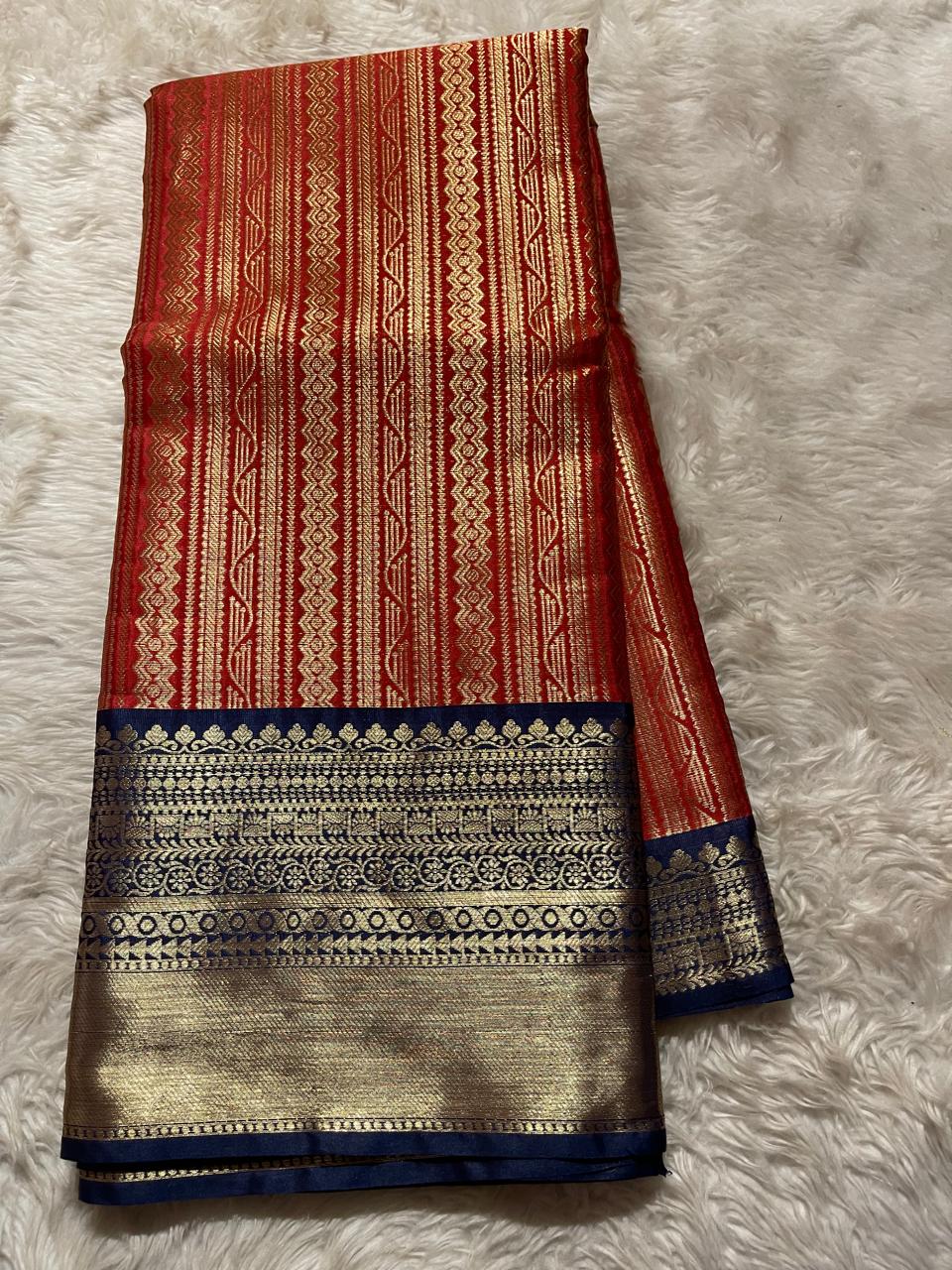 KORA SILK - RED WITH NAVY BLUE SAREE