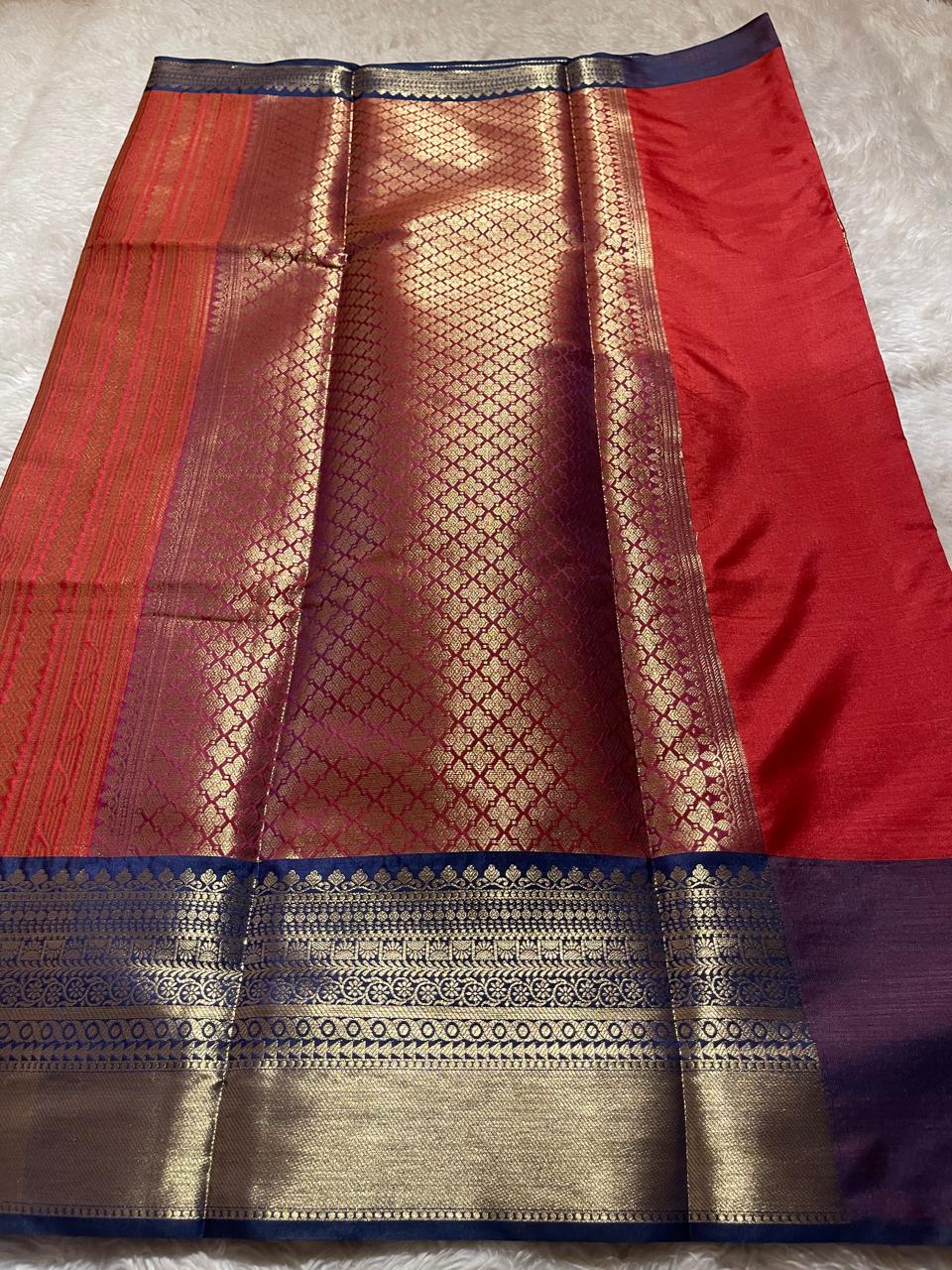KORA SILK - RED WITH NAVY BLUE SAREE