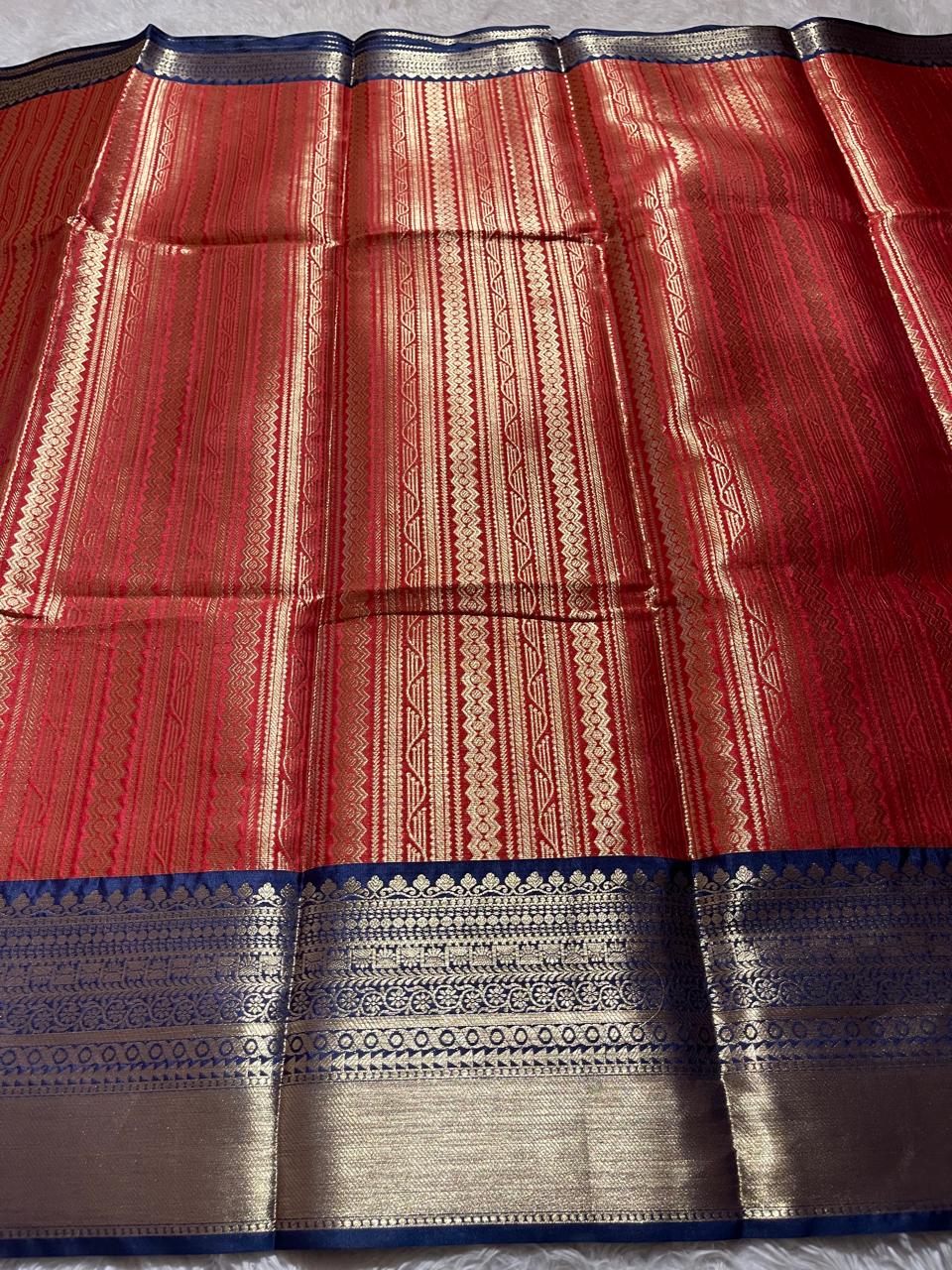 KORA SILK - RED WITH NAVY BLUE SAREE