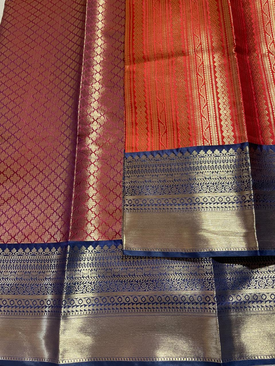 KORA SILK - RED WITH NAVY BLUE SAREE