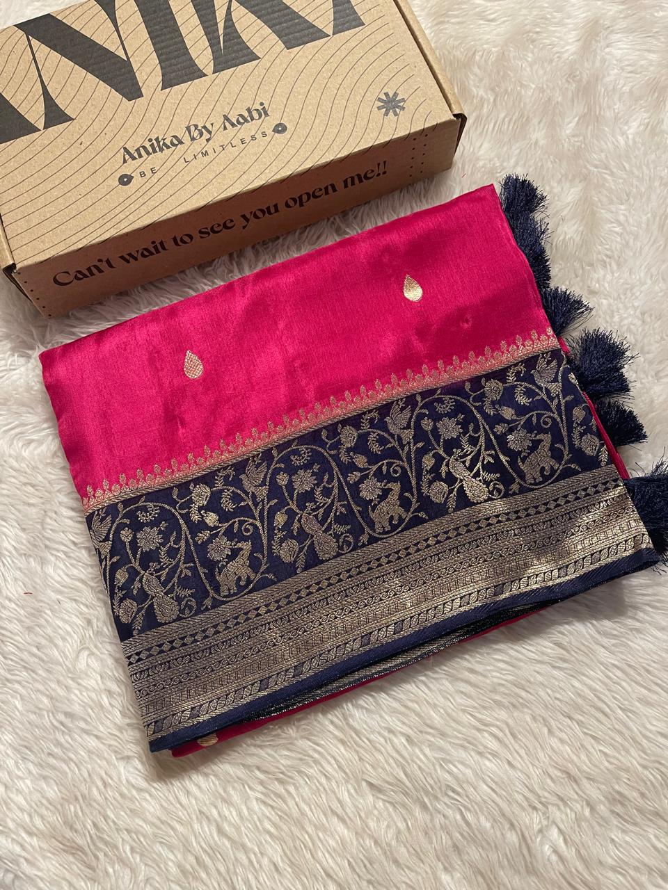 VINTAGE BANARASI-RANI PINK WITH NEVYBLUE