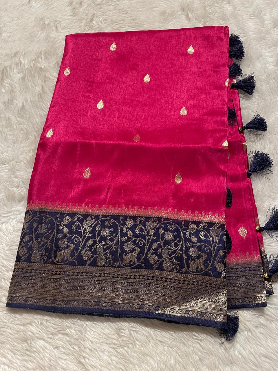 VINTAGE BANARASI-RANI PINK WITH NEVYBLUE