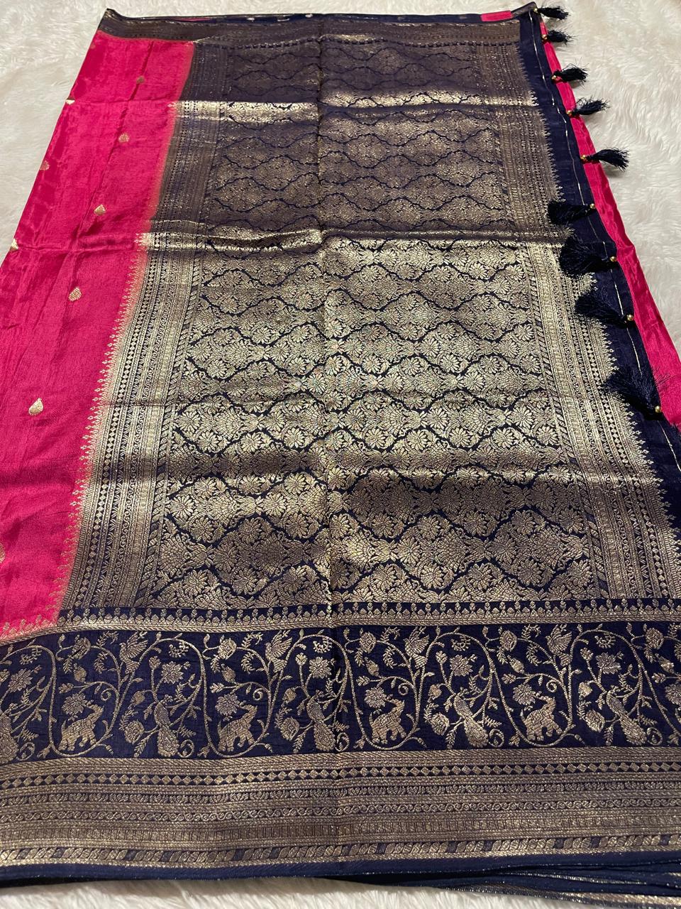 VINTAGE BANARASI-RANI PINK WITH NEVYBLUE