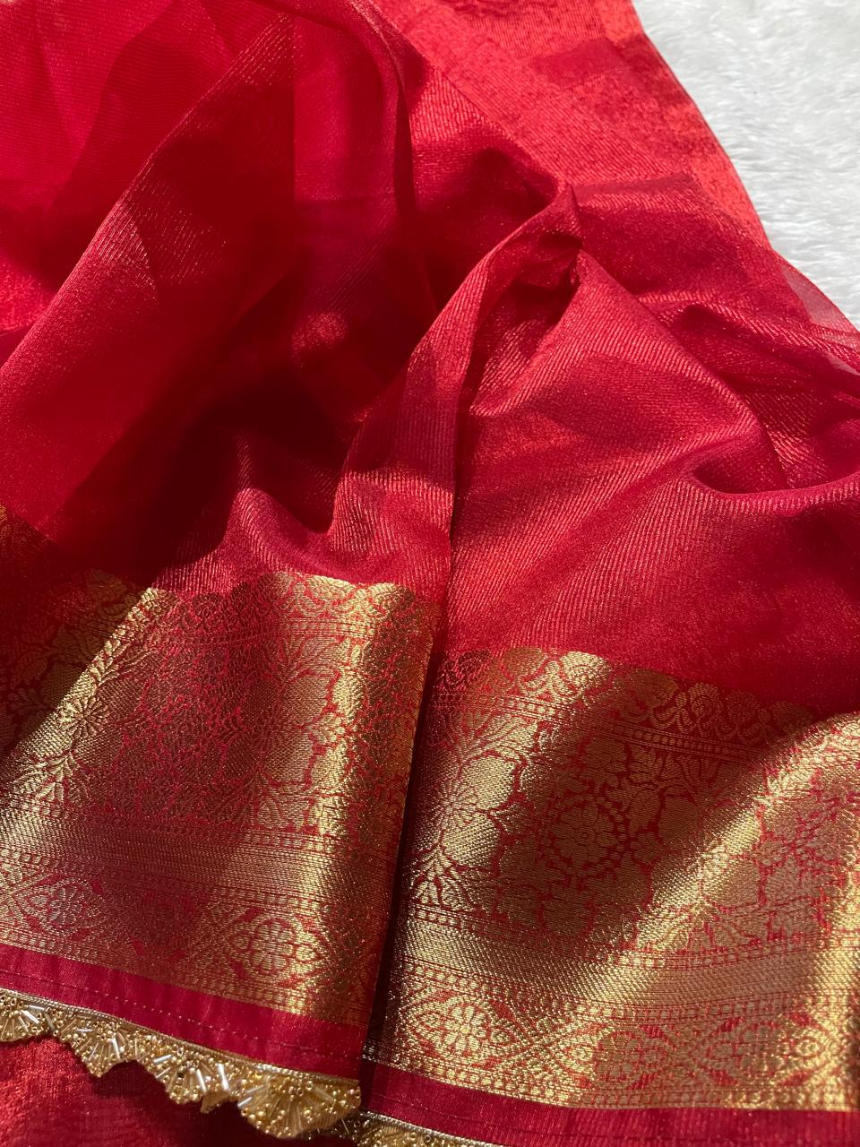 TISSUE LACE-RED SAREE