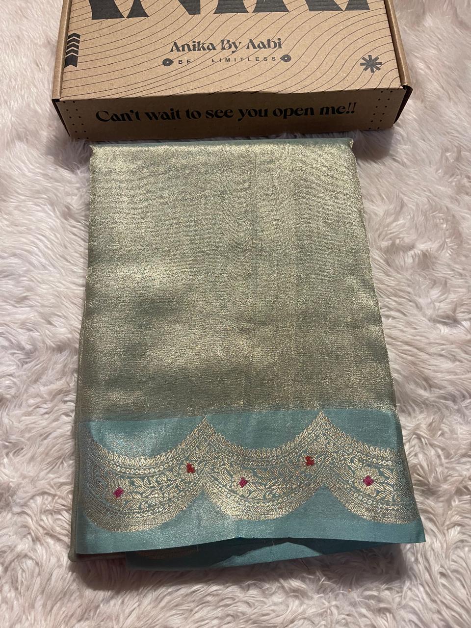 SCALLOP TISSUE SAREE-SKYBLUE