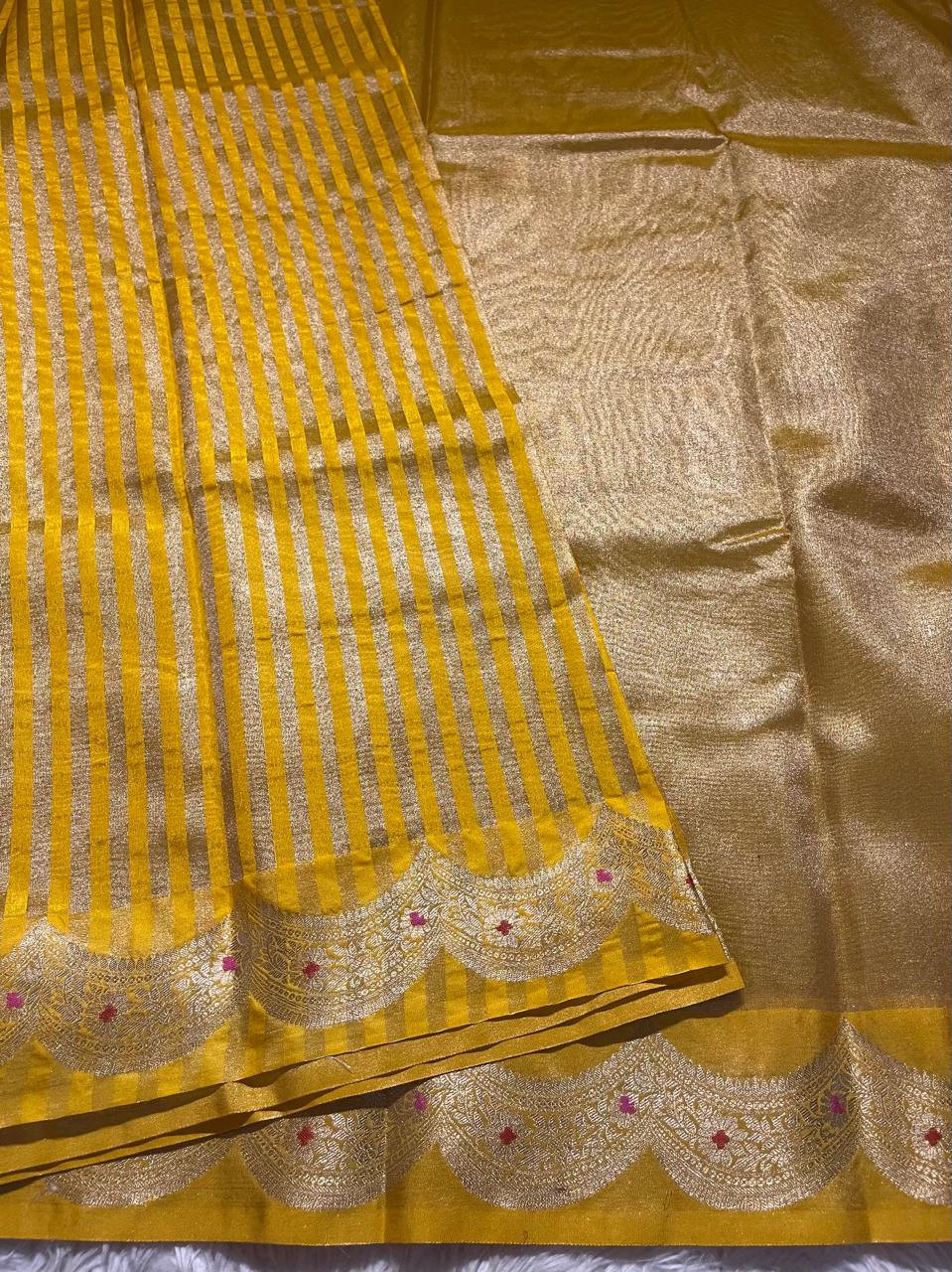 SCALLOP TISSUE SAREE-ROYAL YELLOW