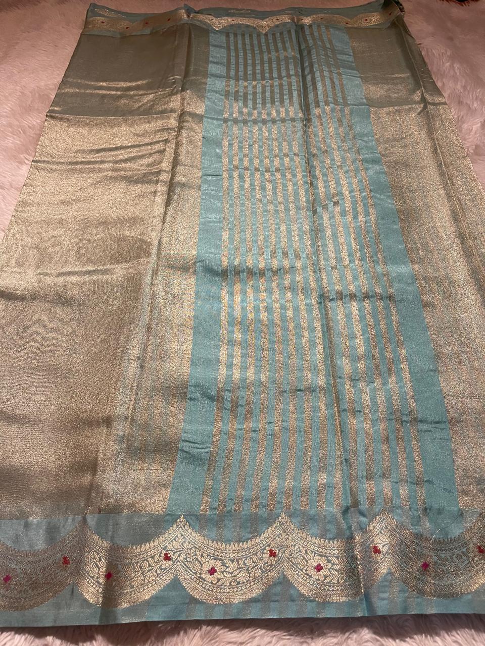 SCALLOP TISSUE SAREE-SKYBLUE