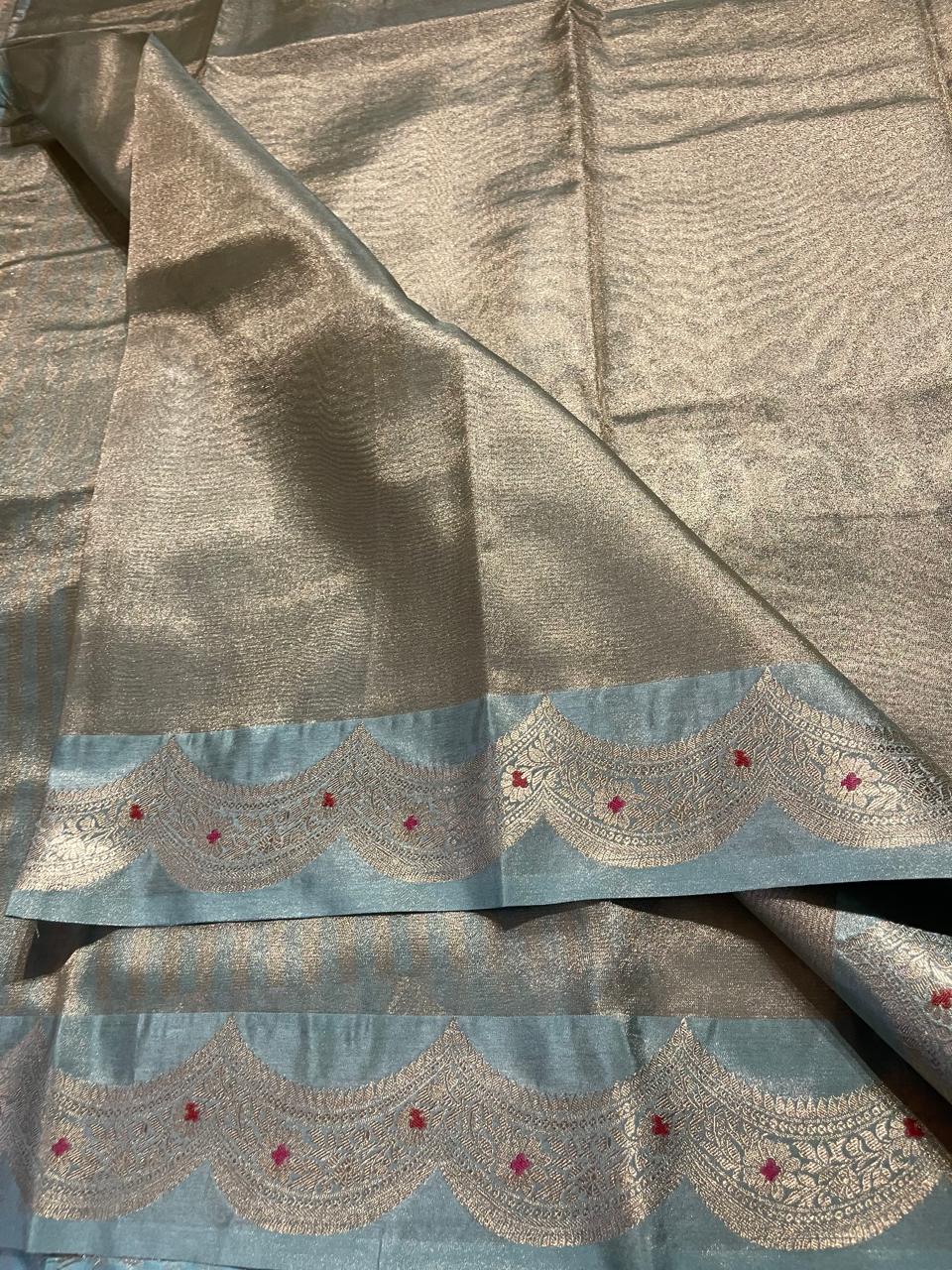 SCALLOP TISSUE SAREE-SKYBLUE