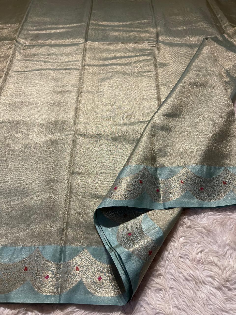 SCALLOP TISSUE SAREE-SKYBLUE