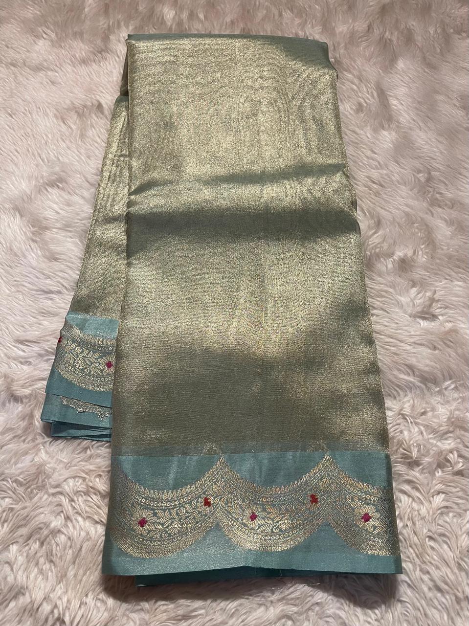 SCALLOP TISSUE SAREE-SKYBLUE