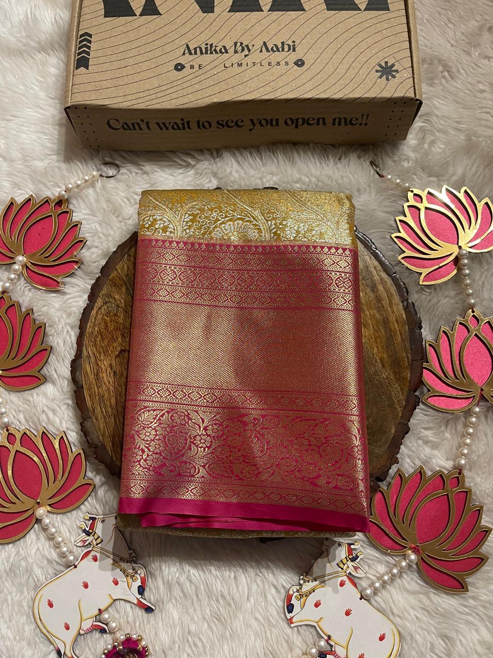 SWAYAMVARAM-DARK GOLDENYELLOW WITH PINK SAREE