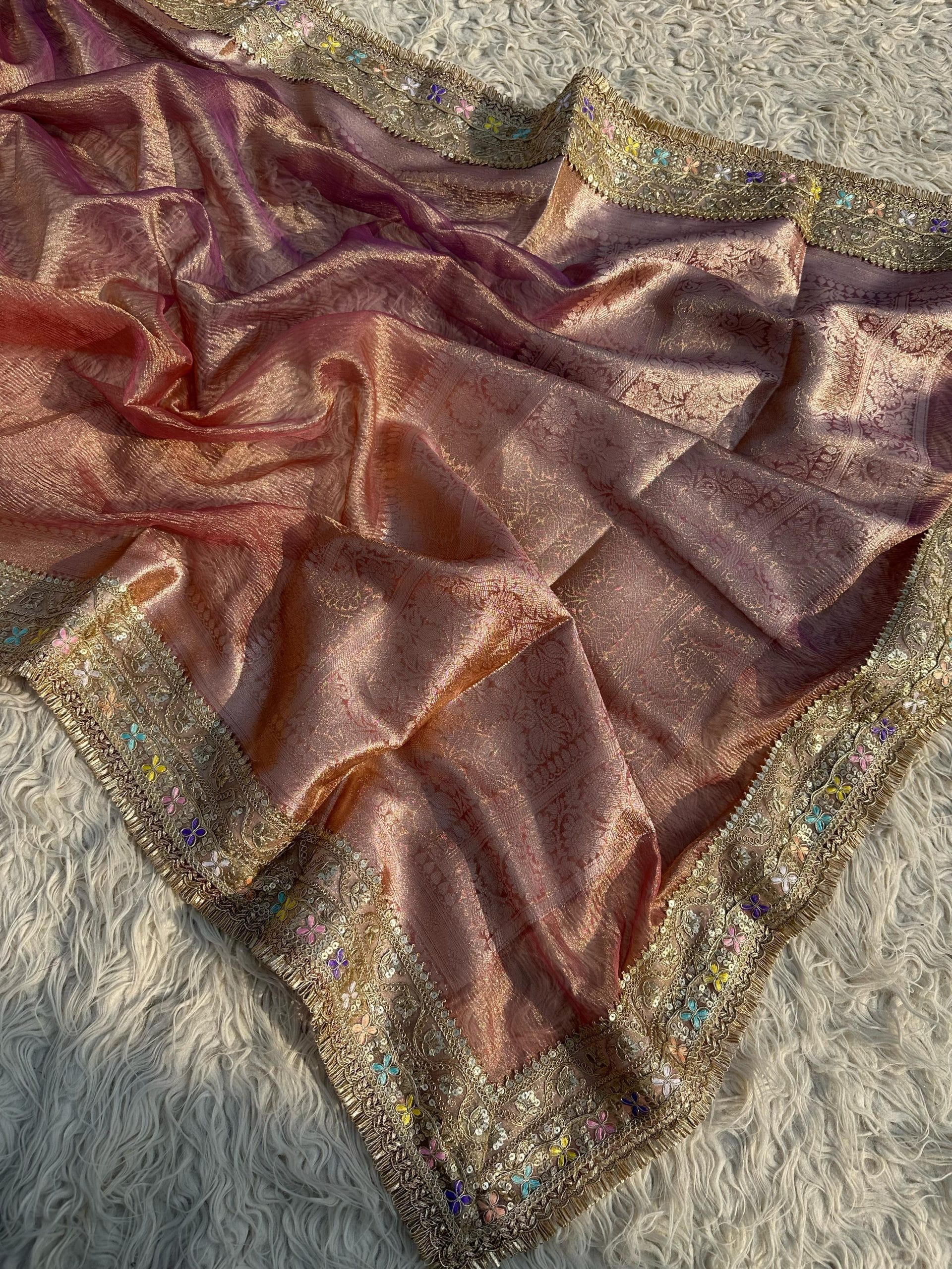 TISSUE LUXE CRUSH- ROSEGOLD DUAL TONE SAREE