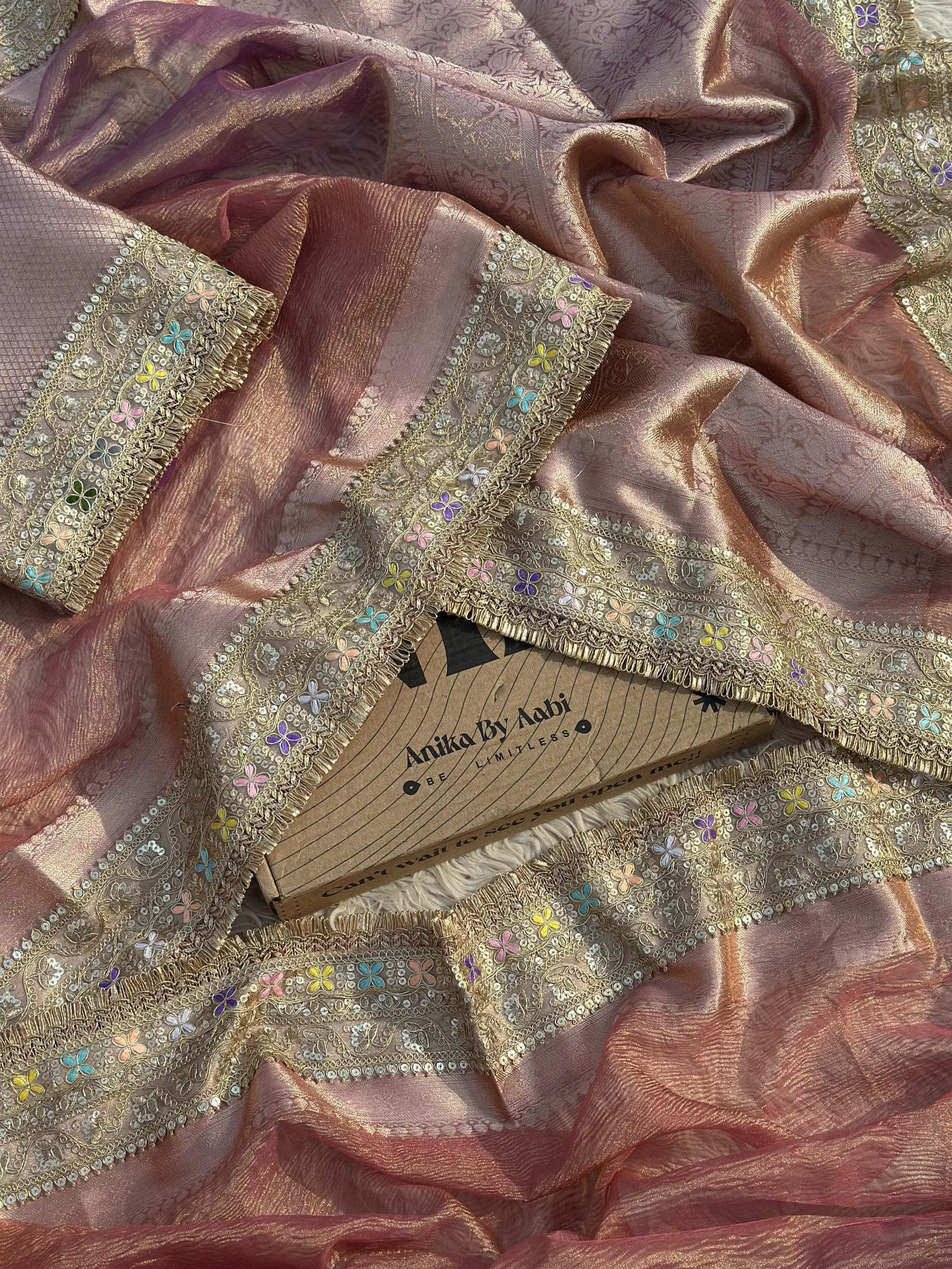 TISSUE LUXE CRUSH- ROSEGOLD DUAL TONE SAREE