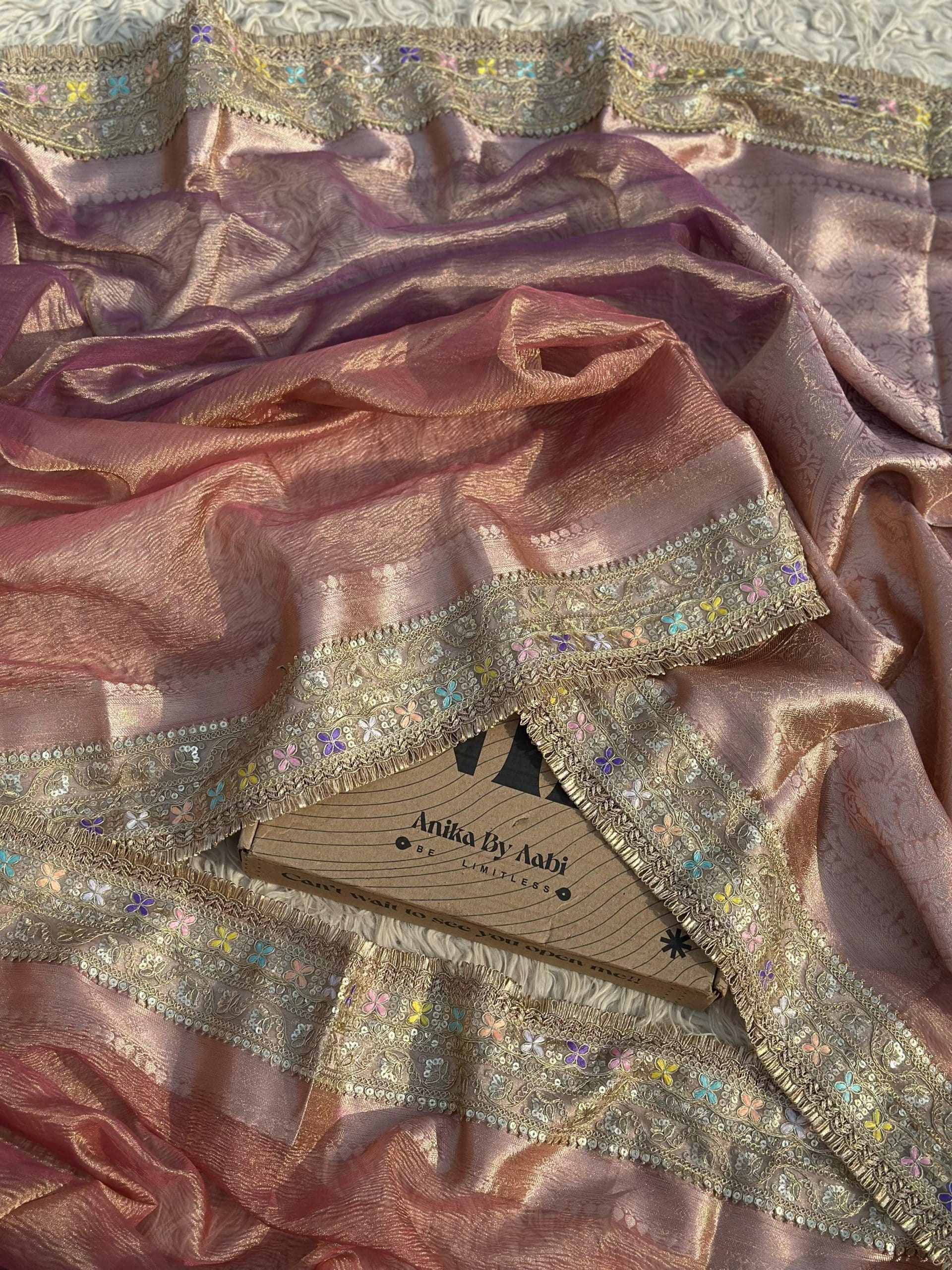 TISSUE LUXE CRUSH- ROSEGOLD DUAL TONE SAREE