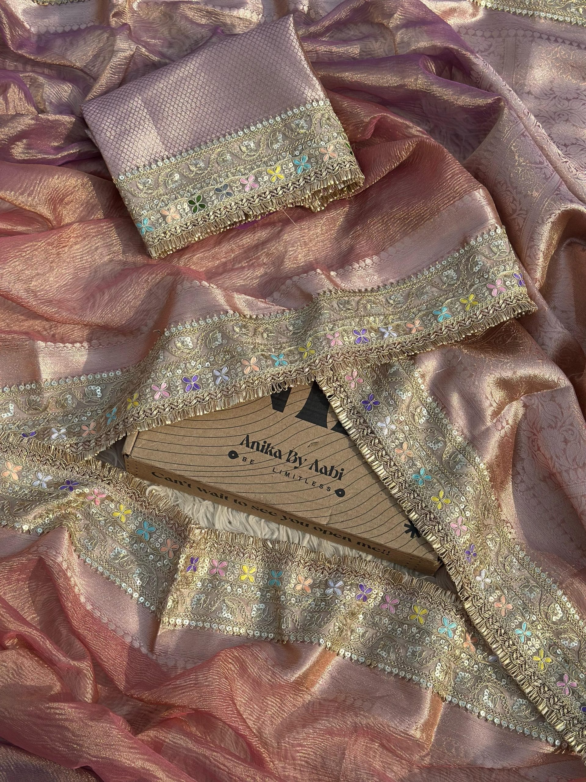 TISSUE LUXE CRUSH- ROSEGOLD DUAL TONE SAREE