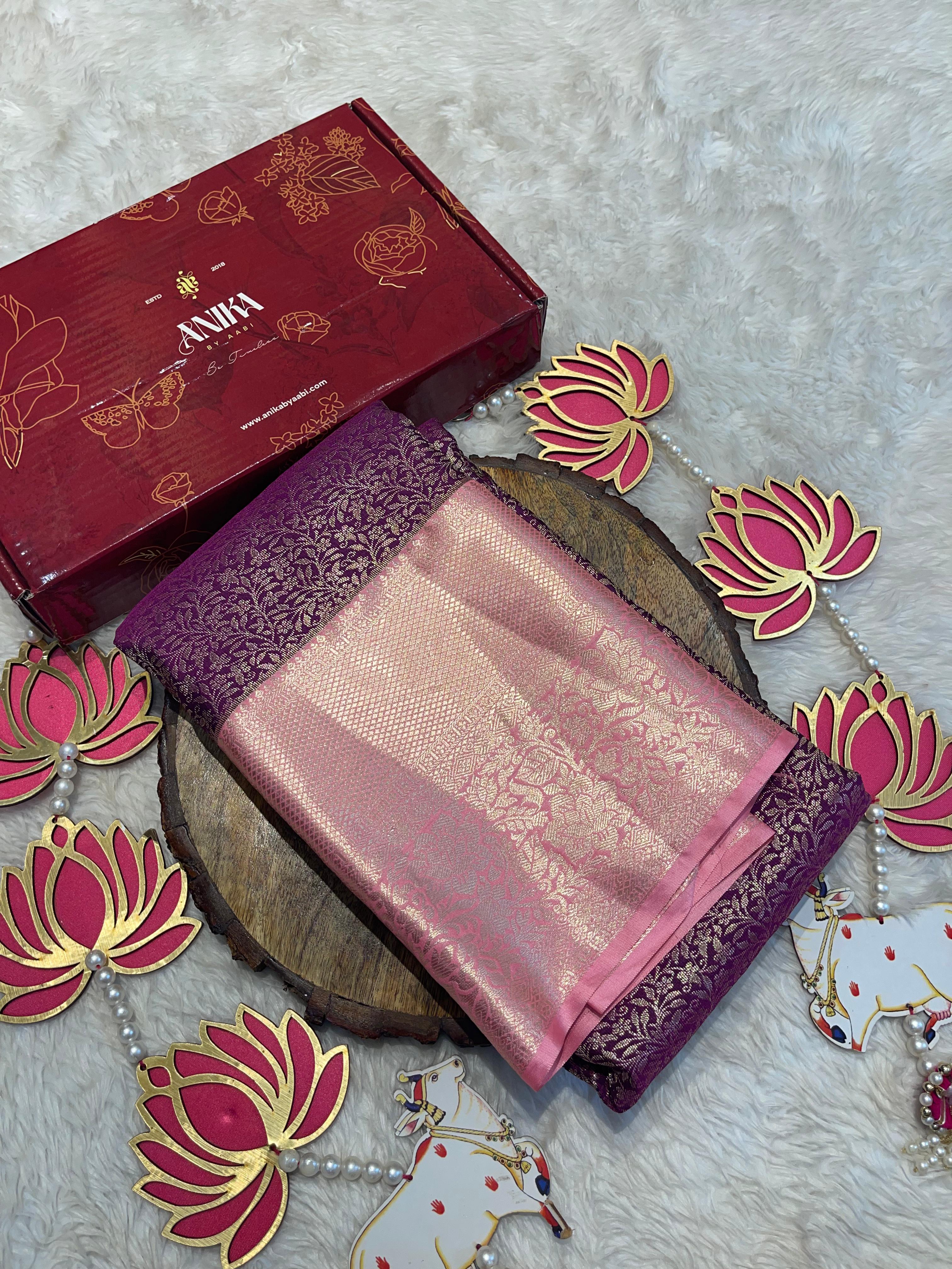 SWAYAMVARAM- DARK PURPLE WITH BABY PINK PEACH SILK SAREE