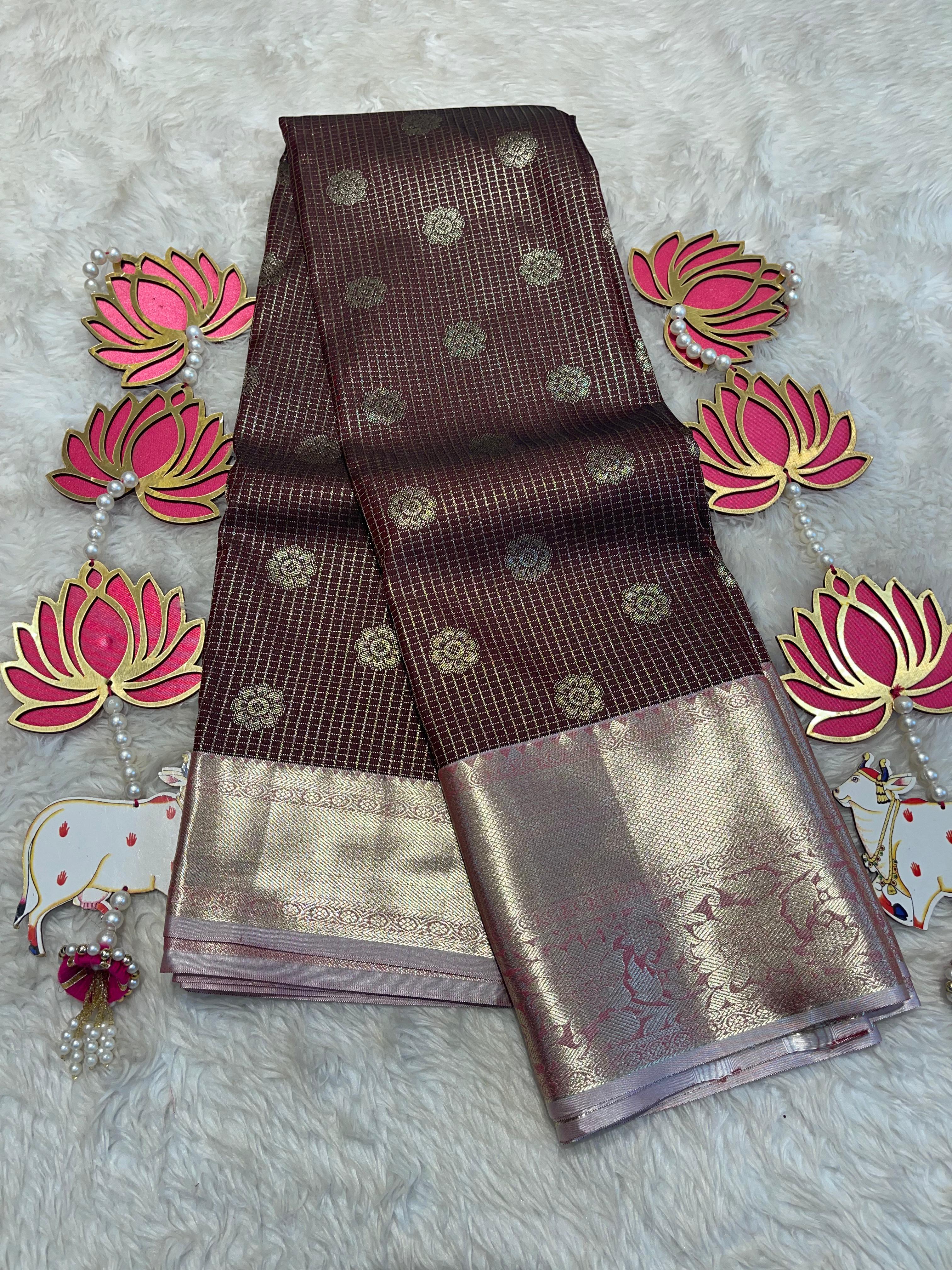 SWAYAMVARAM- COFFEE CHECKS SILK SAREE DUAL TONE