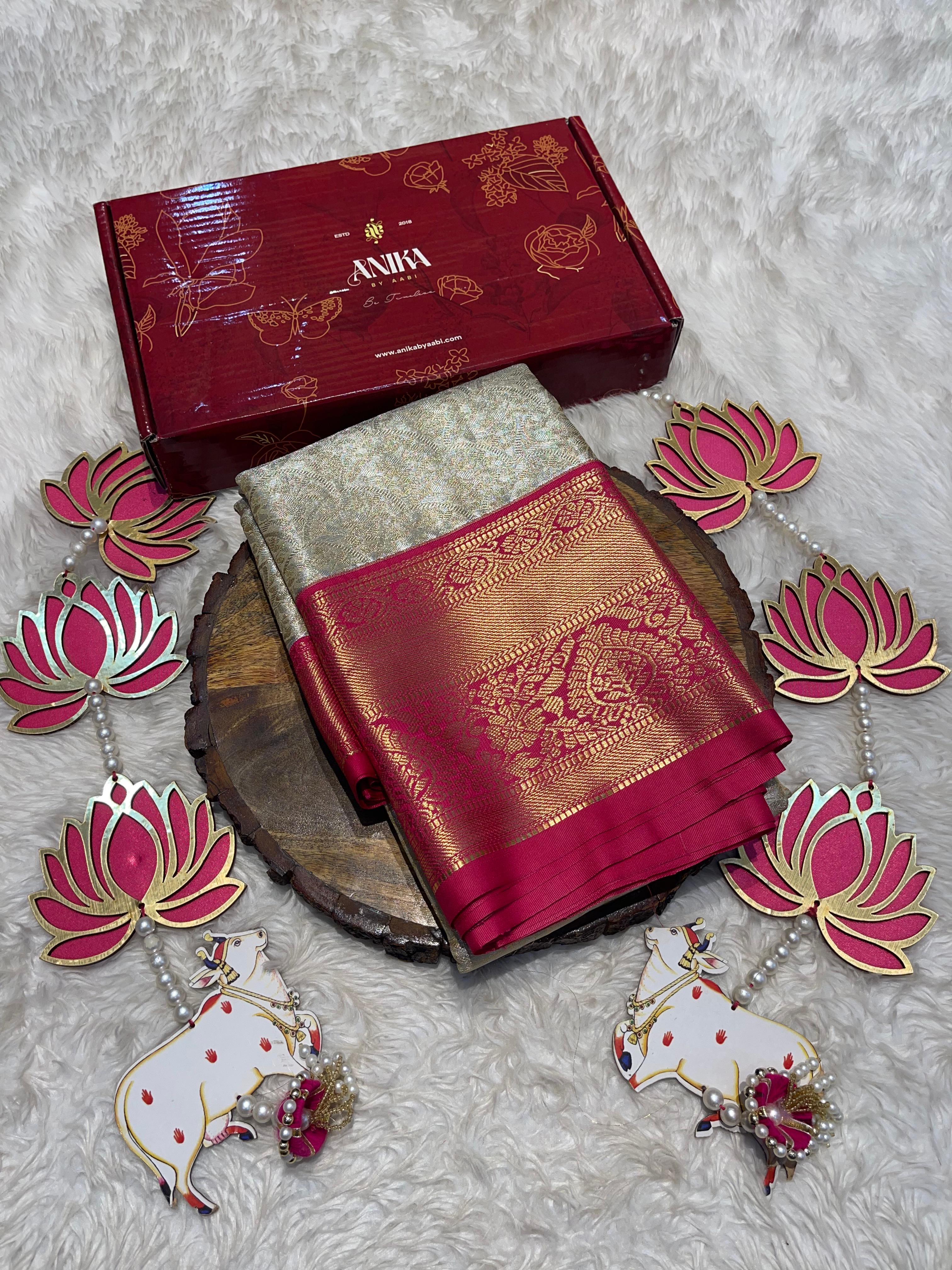 SWAYAMVARAM-HALFWHITE SILVER WITH RANIPINK SILK SAREE