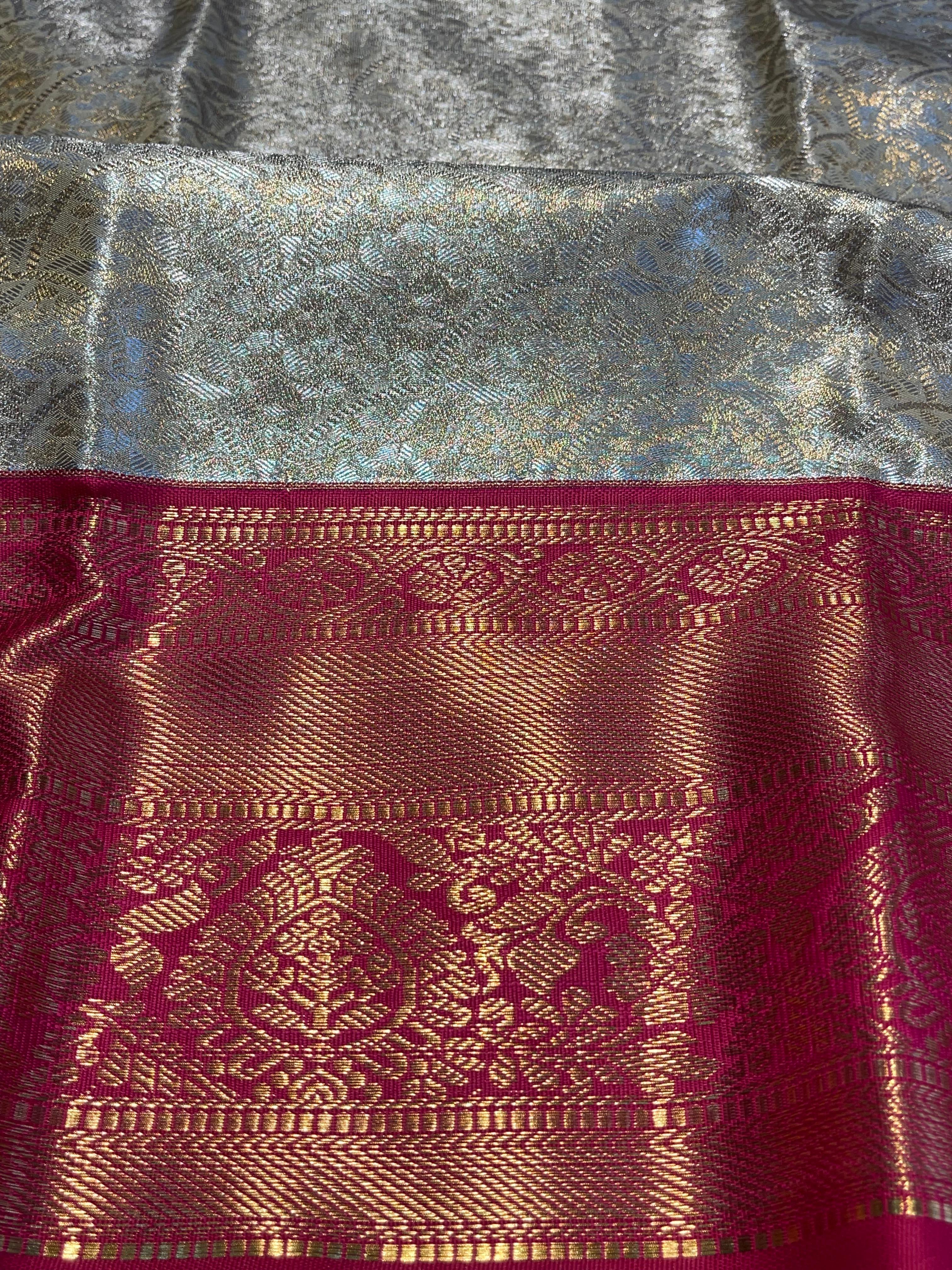 SWAYAMVARAM-HALFWHITE SILVER WITH RANIPINK SILK SAREE